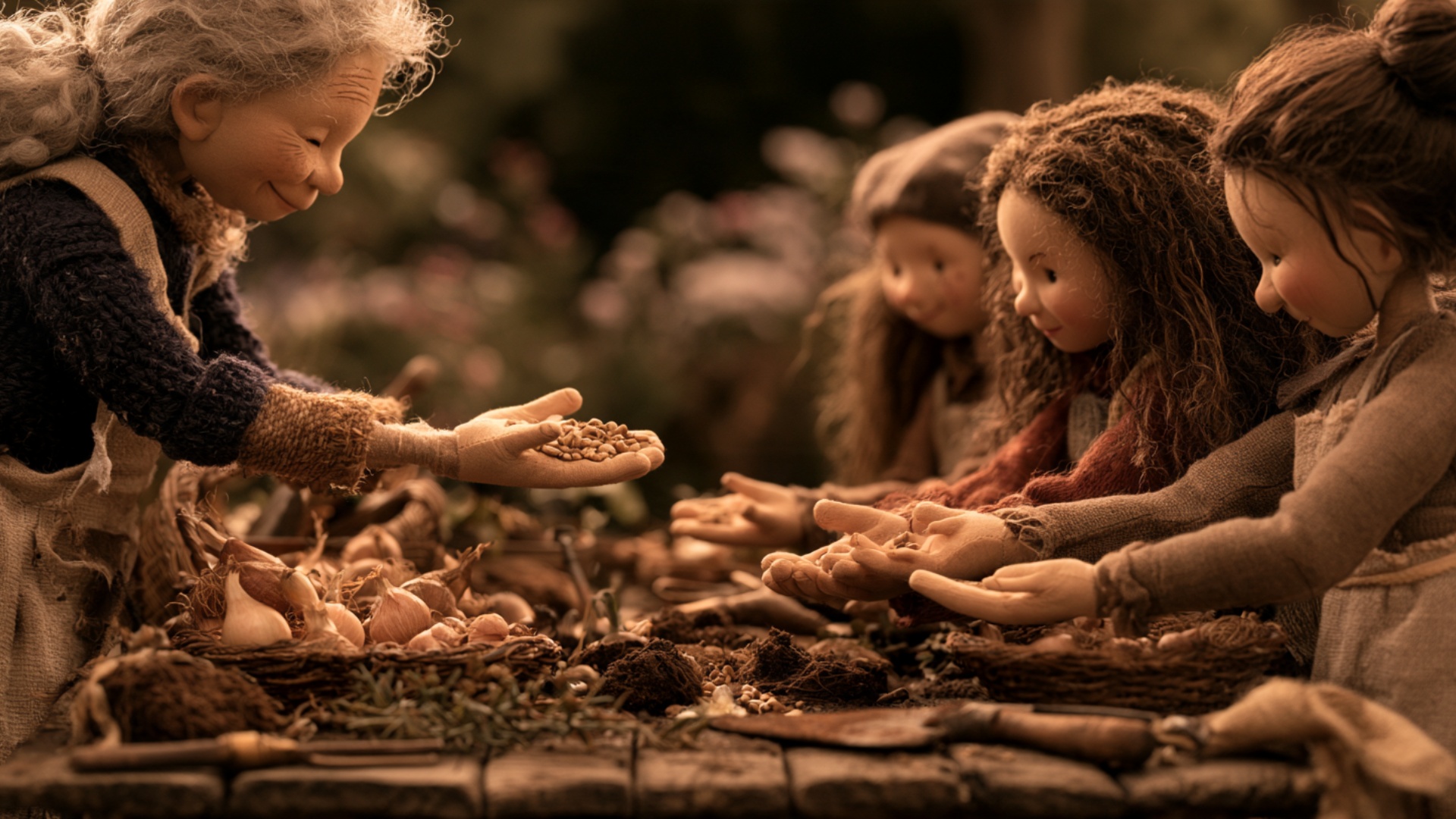 Subtle handheld-style cinematic push toward the open hands. The elderly woman tilts her palm and ...