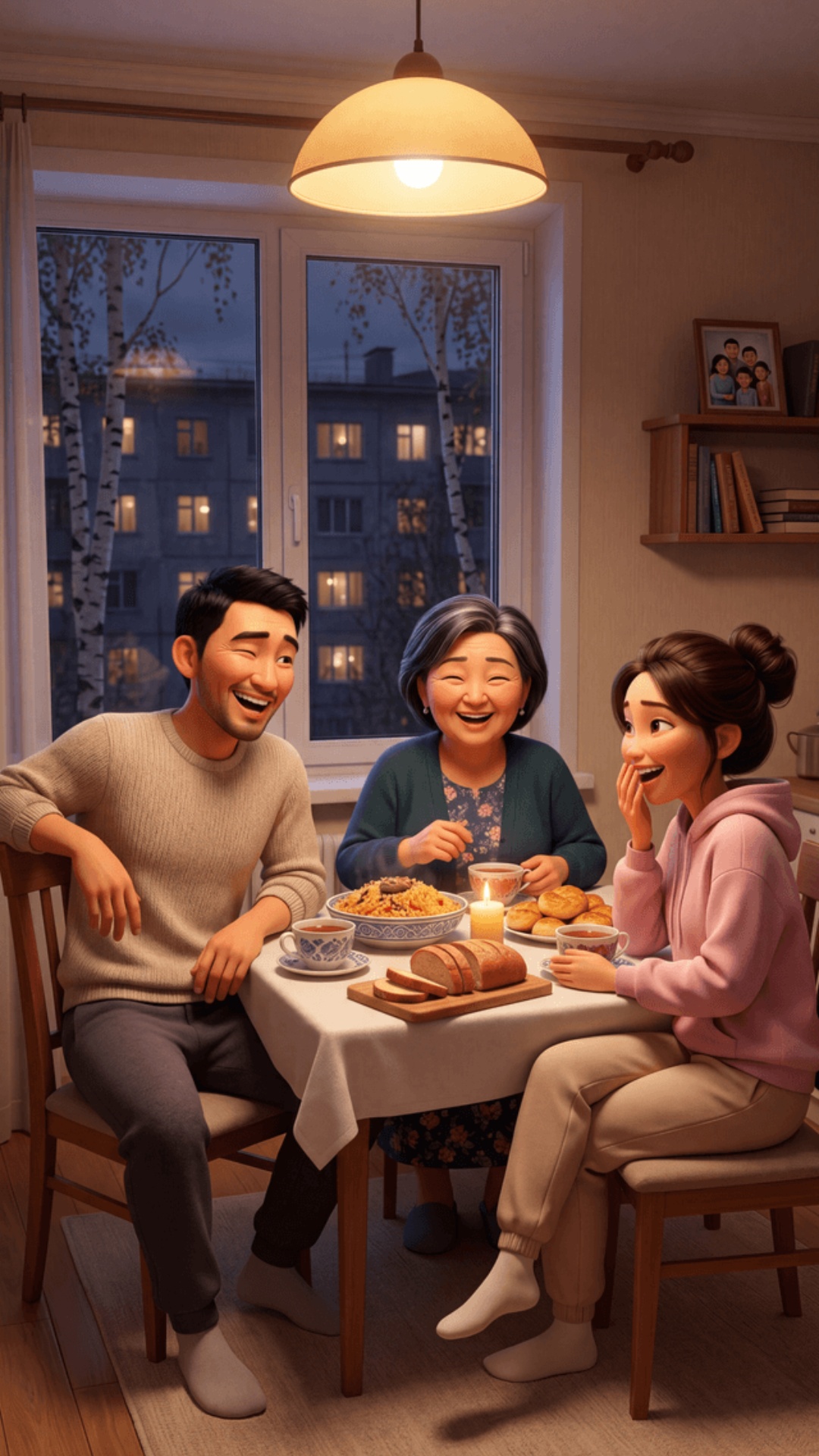 Pixar 3D animation style, cinematic 4K. 
Moscow apartment, dinner table, candle, warm golden ligh...