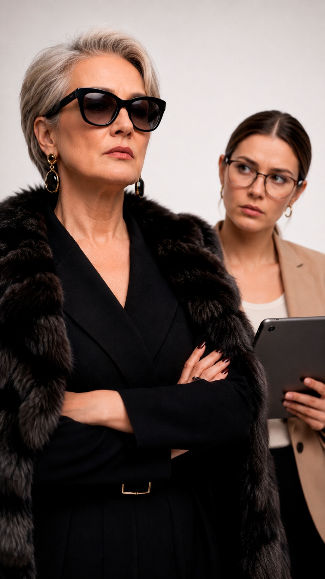Vertical 9:16 video. Close-up of older woman in black with crossed arms. Young woman with tablet ...