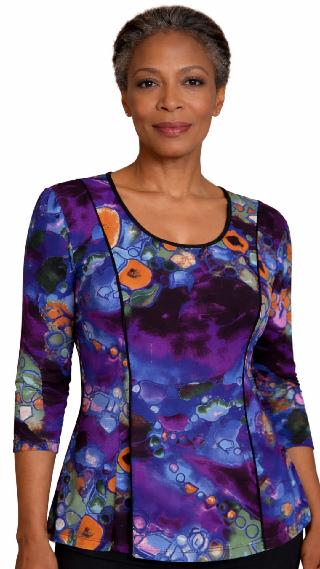 make the blouse looser. have the model put a hand on her hip and coyly smile to the camera