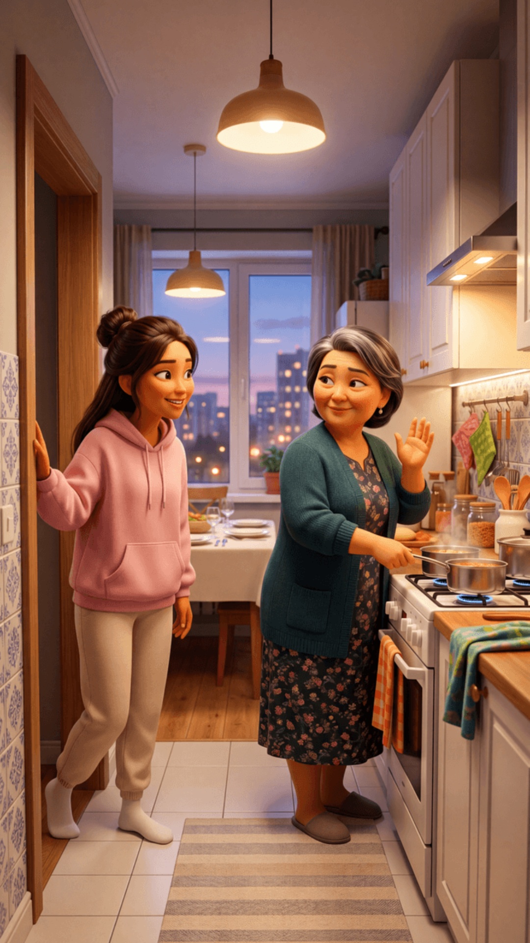Pixar 3D animation style, cinematic 4K. Moscow apartment 
kitchen, warm light. Kazakh girl 24yo —...