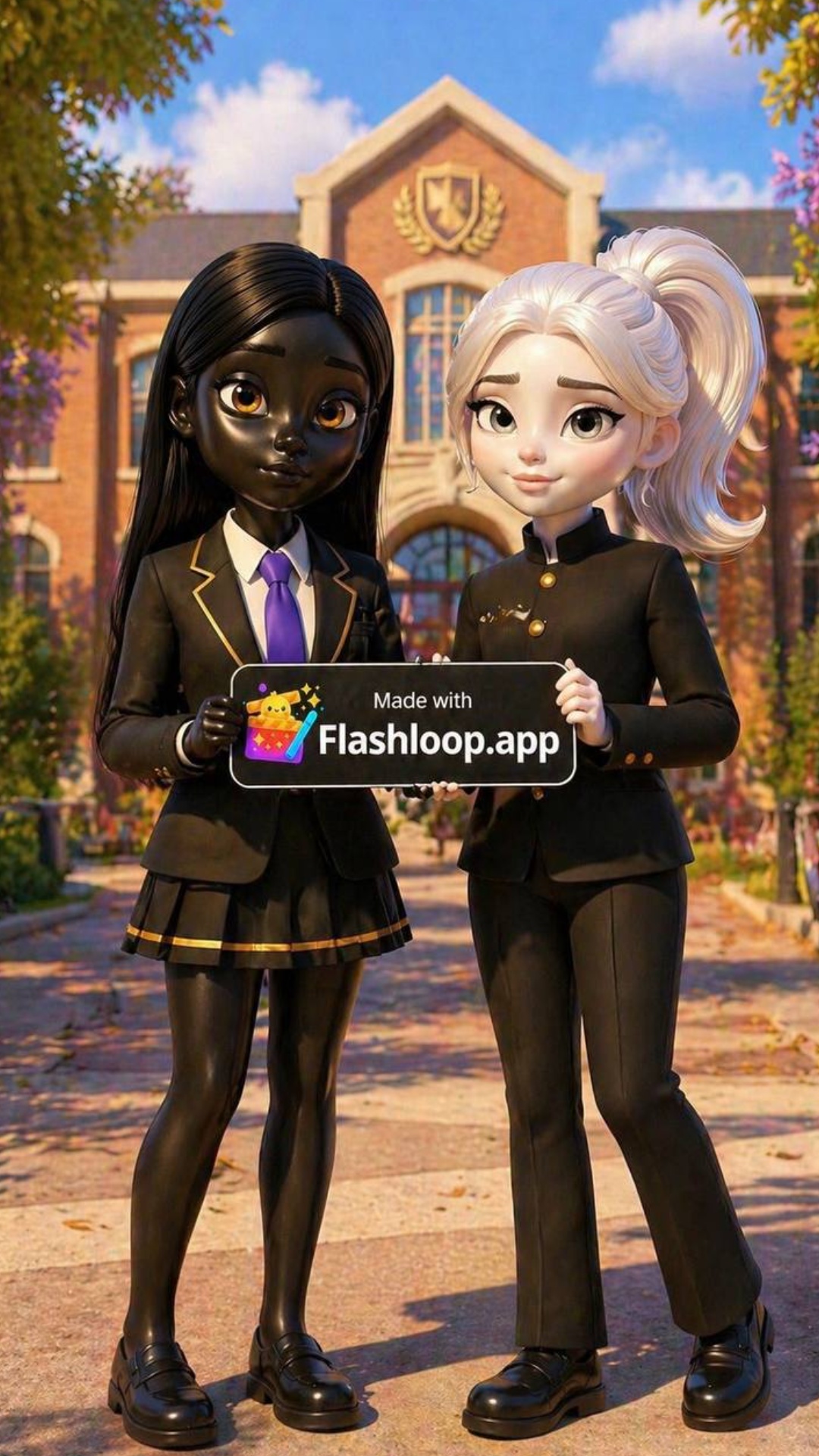 Two girls standing in front of a prestigious academy building, holding a small sign that says “Ma...