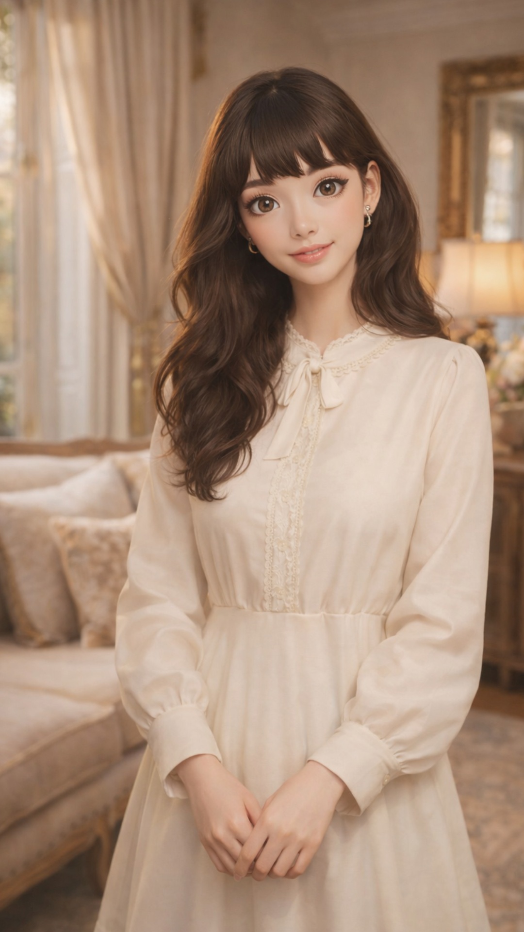 A young woman with the same face as the reference image, semi-realistic soft style, standing in a...