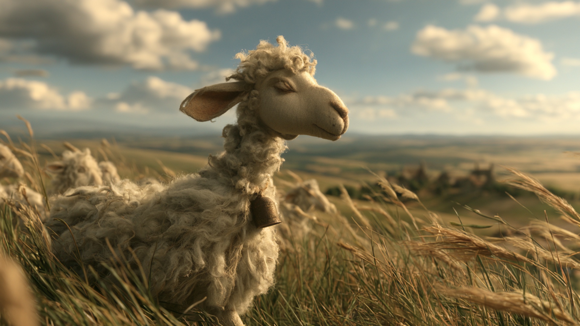 The sheep walks forward through the tall grass for several natural steps, pushing the grass aside...