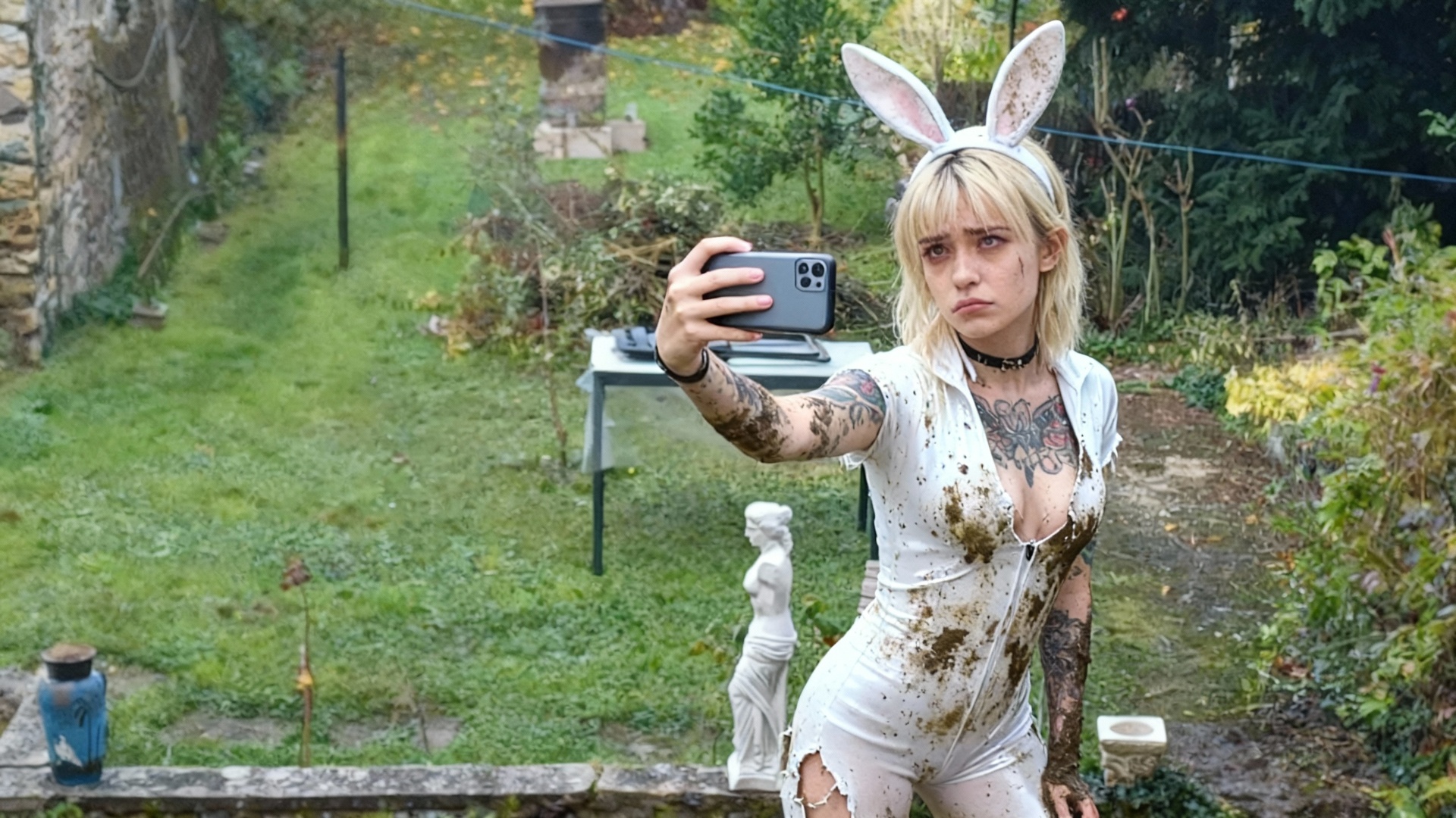 La femme blonde avec un diadème orné d'oreilles de lapin semble s'ennuyer en faisant des selfies ...