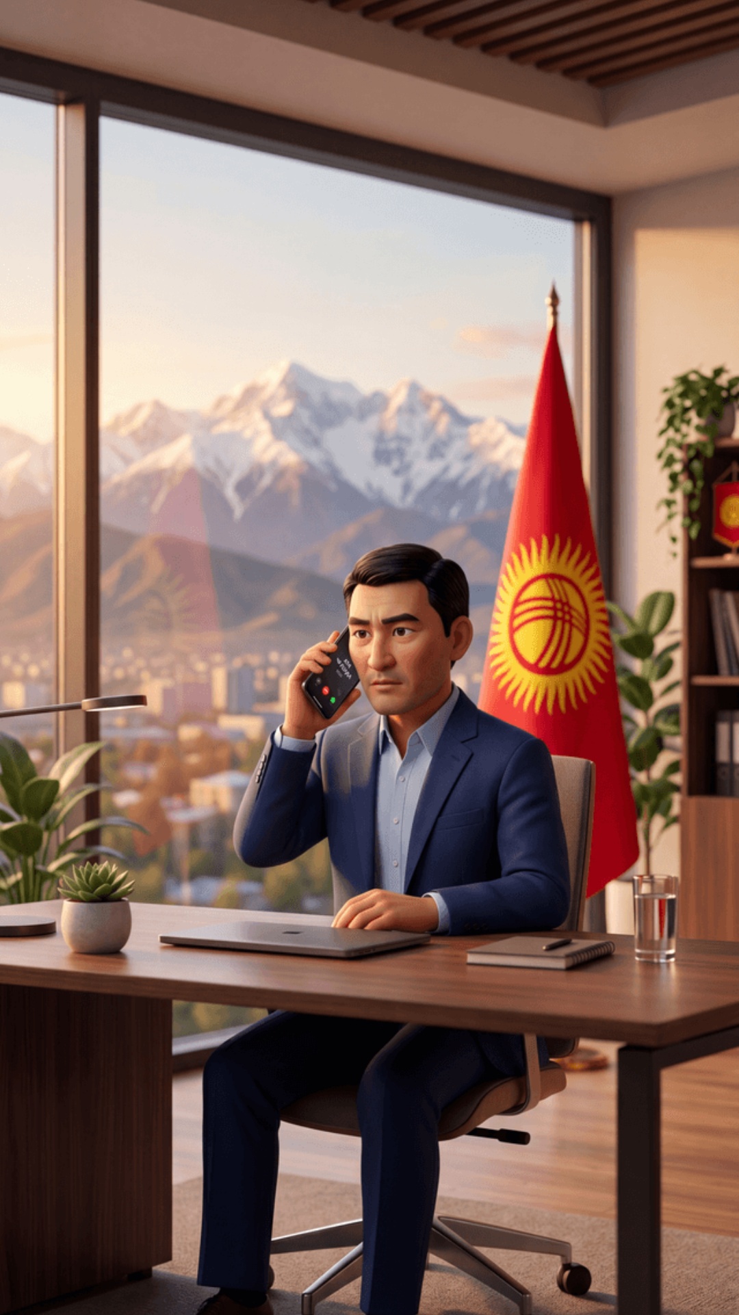 Animated stylized office scene, 70% cartoon style, 30% realism, modern office in Kyrgyzstan, larg...
