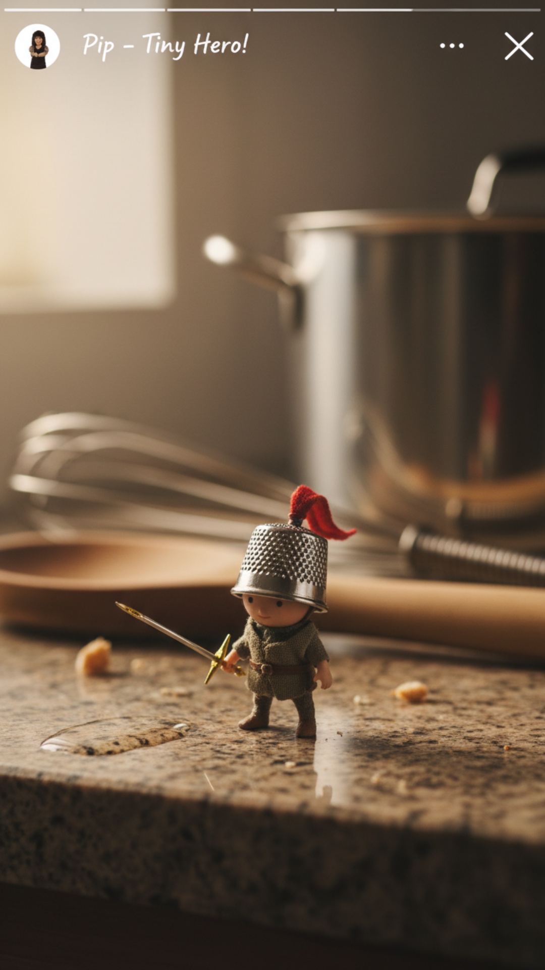 A tiny heroic character named Pip, the size of a thumb, standing bravely on a vast kitchen counte...