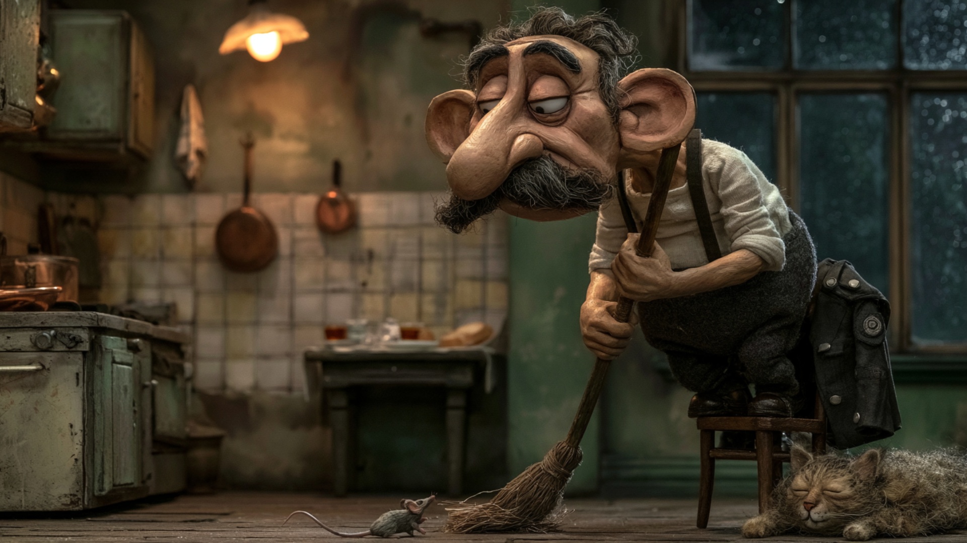 Single continuous 5-second cinematic shot. The tiny mouse cautiously moves two small steps toward...