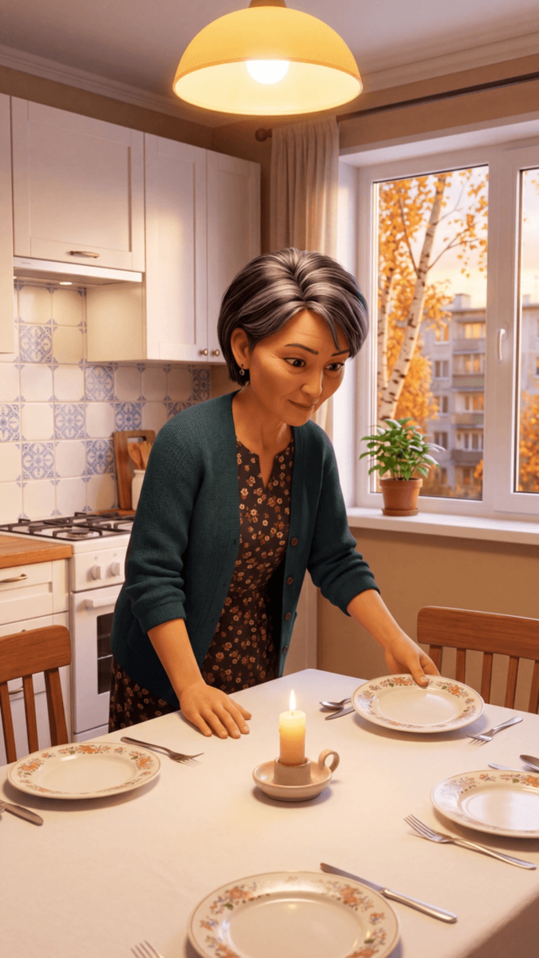 Pixar 3D animation style, cinematic 4K. Moscow cozy 
apartment kitchen, warm golden evening ligh...