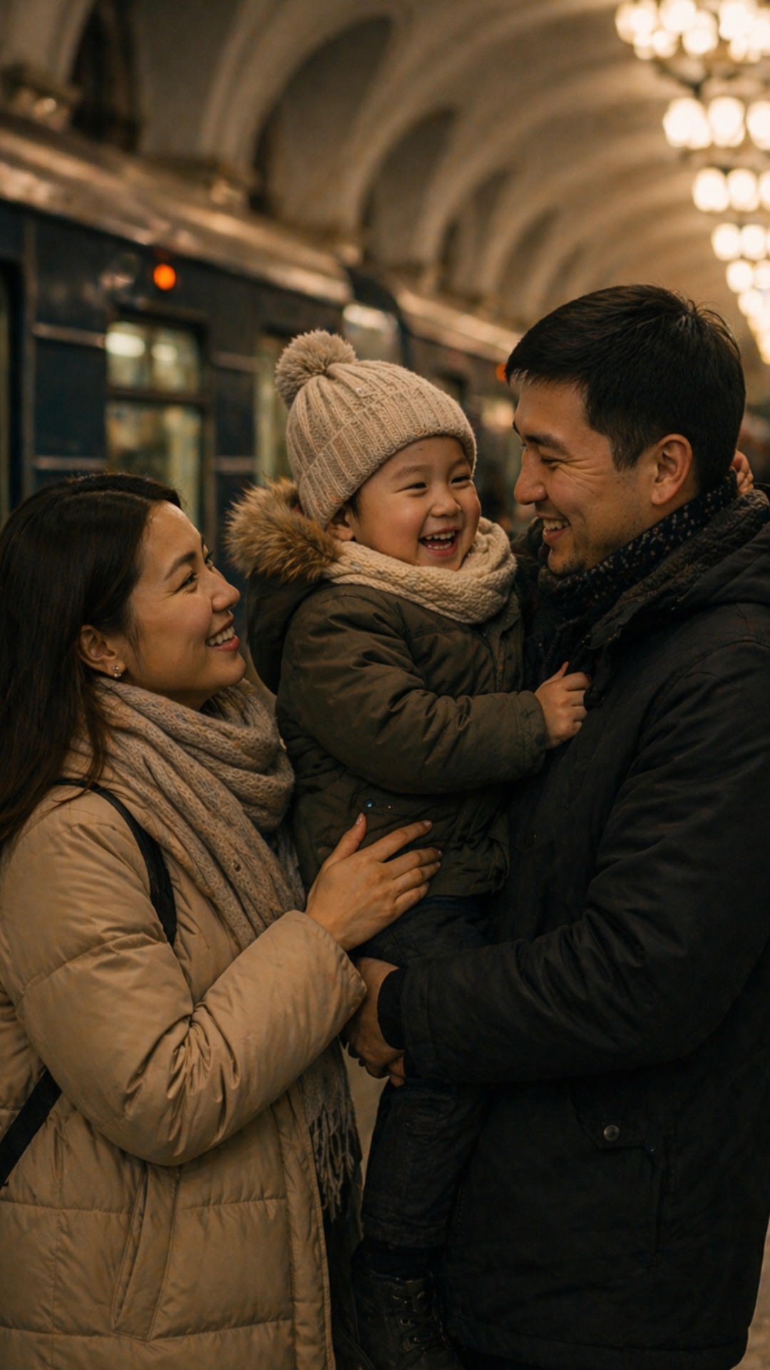 Happy Kyrgyz family on metro platform, father holding laughing child, mother smiling warmly, gent...