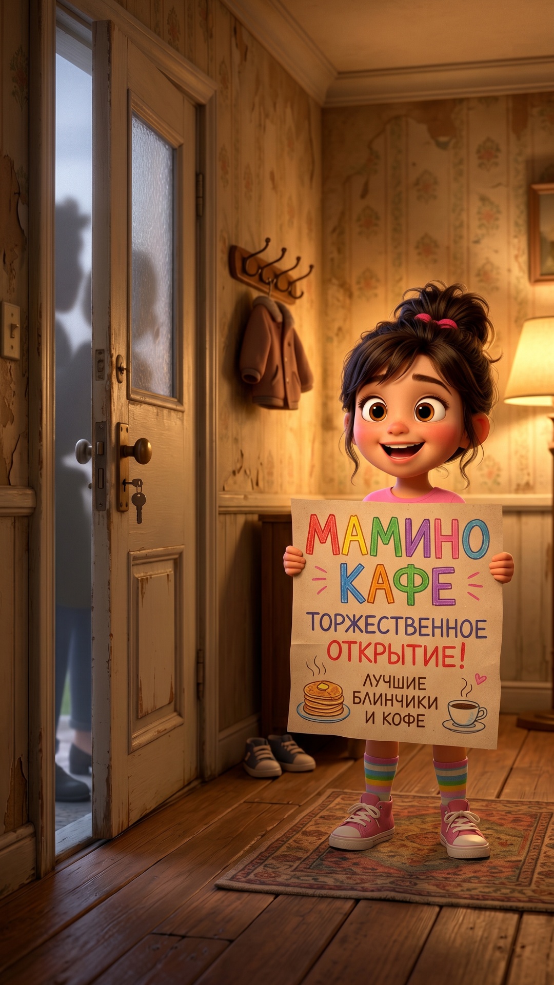 The girl happily stands in the hallway holding the poster. She slightly bounces with excitement a...