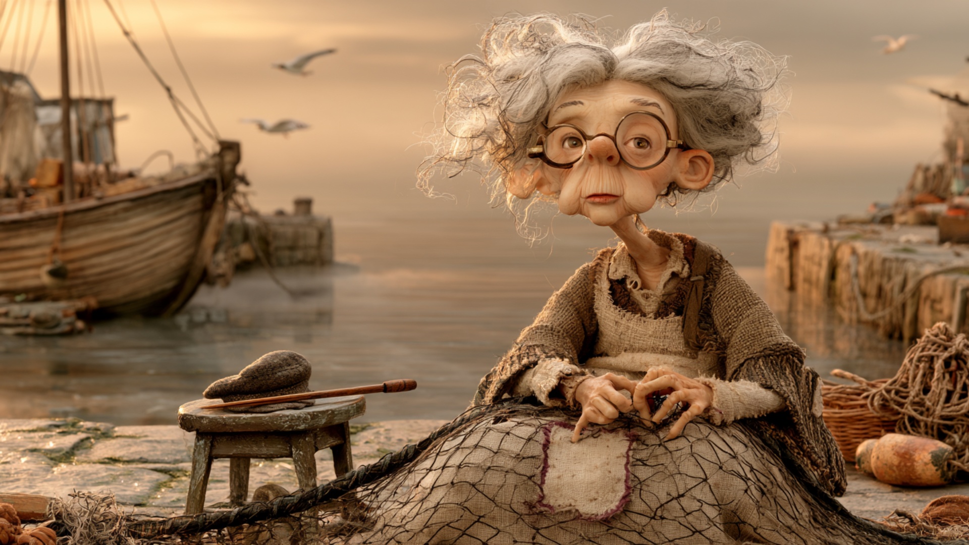 Fixed camera. The seated fisherwoman tightens one existing knot in the fishing net: her raised ri...