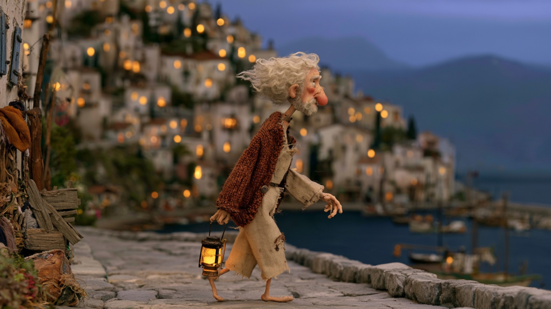 Gentle camera follow along the stone road. The man continues walking for two measured steps, his ...