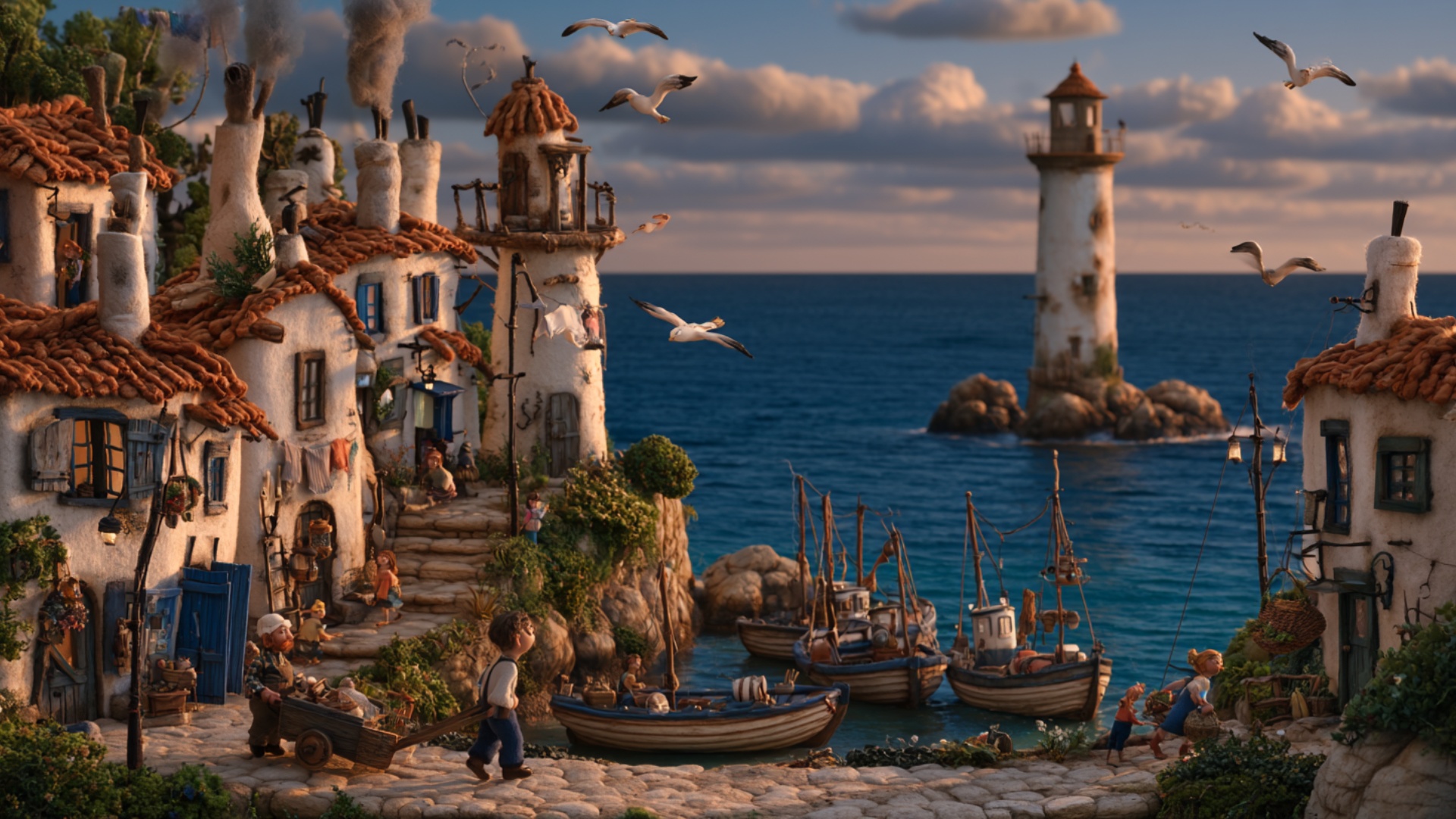 Fishing boats rock naturally in the harbor while one small boat turns slightly toward the open se...