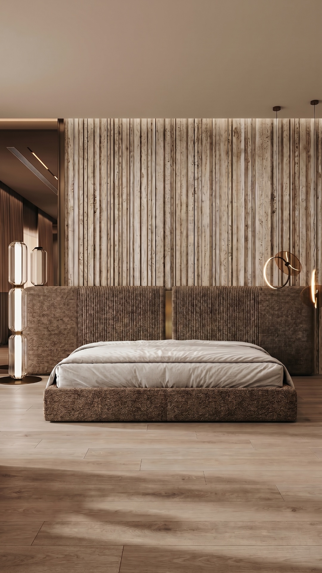 A static frontal shot of the same luxury bedroom. The room, bed, bedding, and perspective remain ...