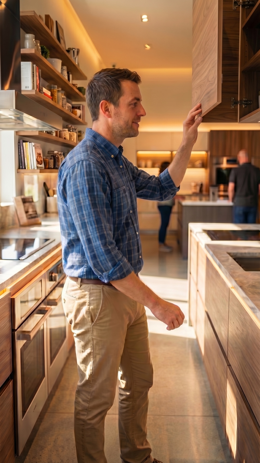 same man interacting with same showroom kitchen, opening drawer smoothly, soft-close motion, came...