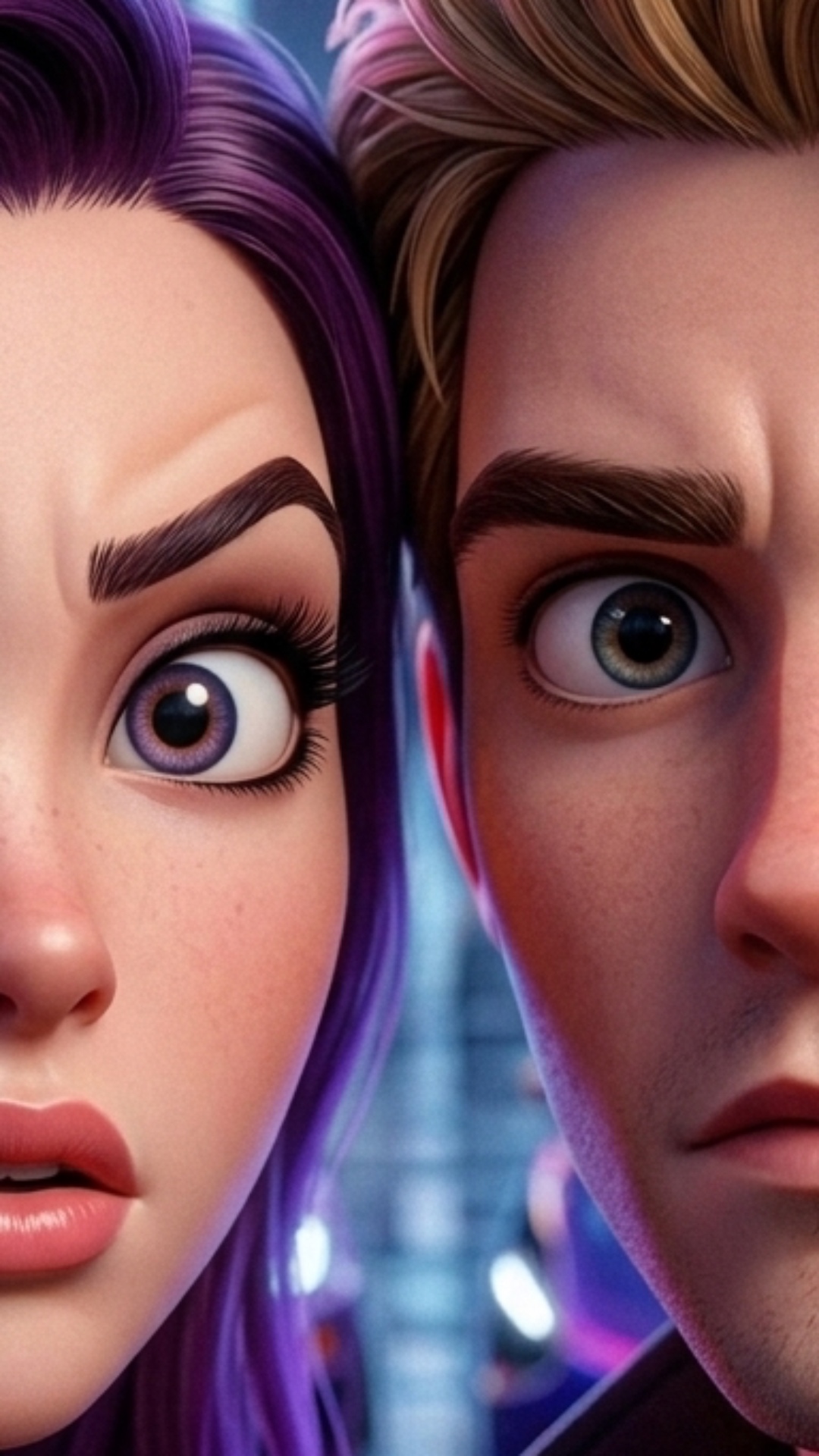 3D Pixar style cinematic close-up, Lera and Daniil reacting to a sudden loud engine rev off-scree...