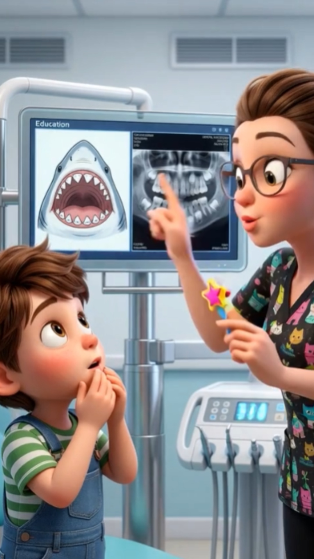 The girl explains to the boy that he has extra teeth growing in his mouth and needs to be pulled ...