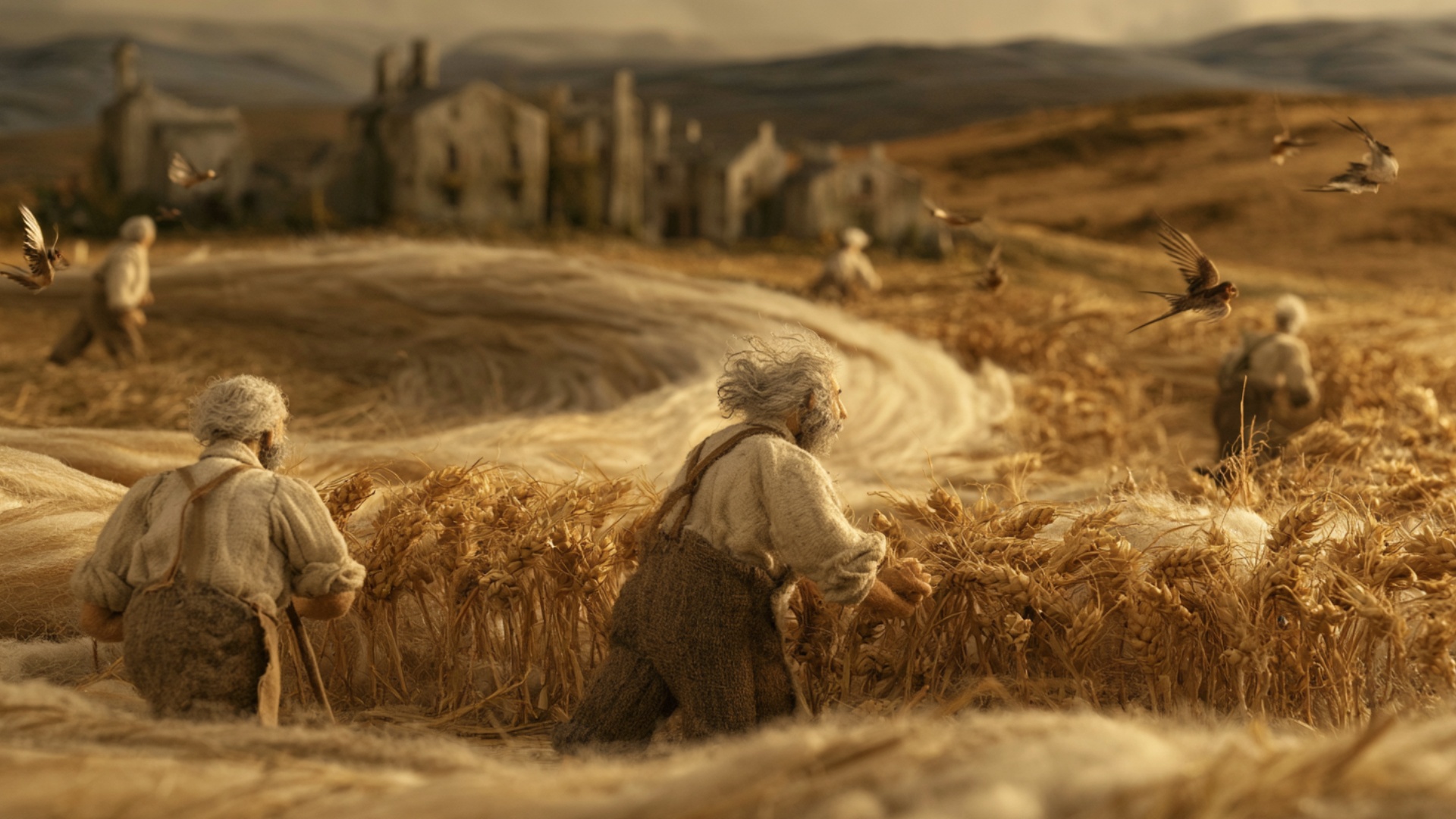 The wheat field remains in continuous visible motion for the entire shot. A strong rolling wind w...