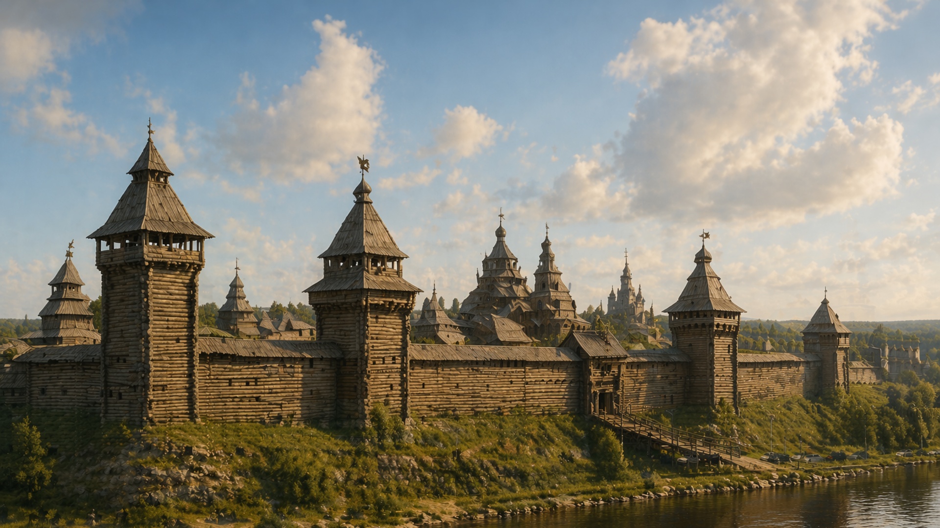 Ancient wooden Moscow Kremlin standing still and collapsing, 14th century wooden fortress with lo...