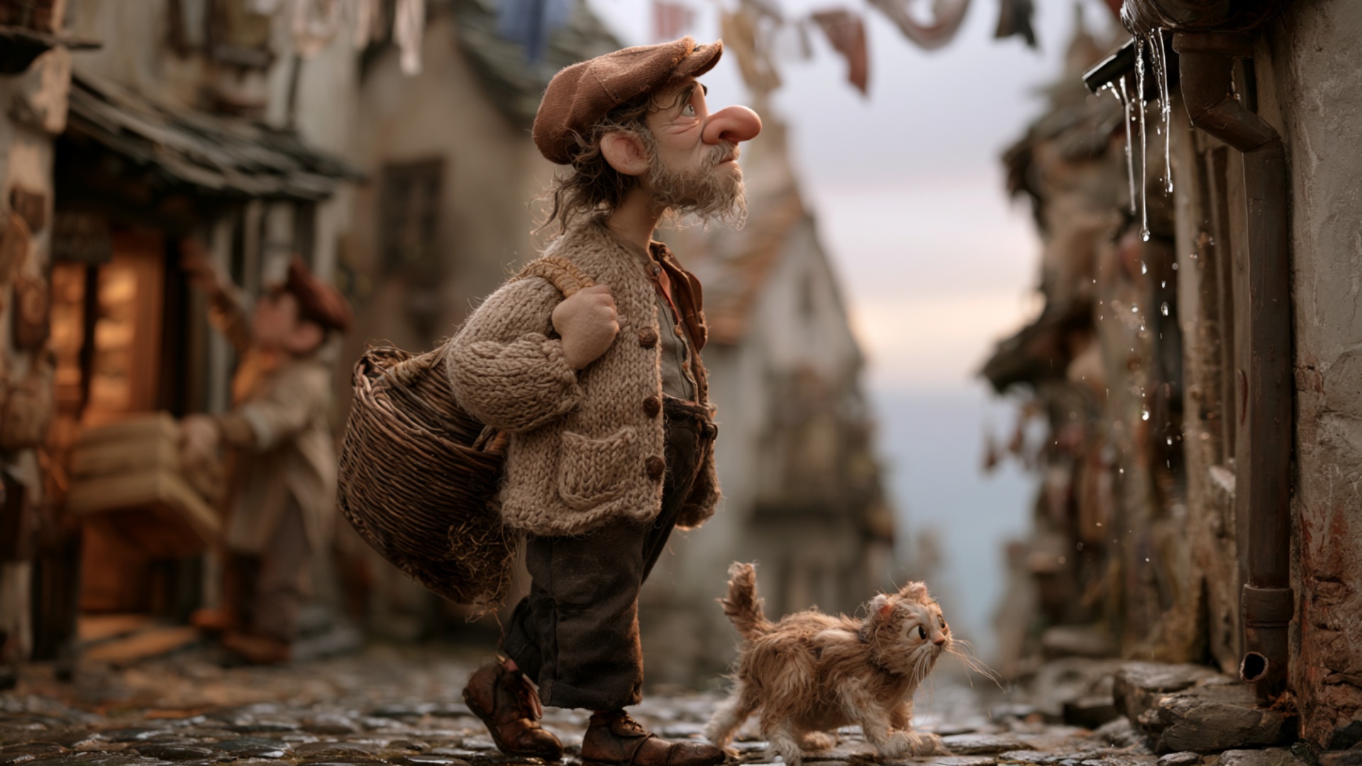 The fisherman walks forward carrying the wicker basket over his shoulder, then notices the water ...