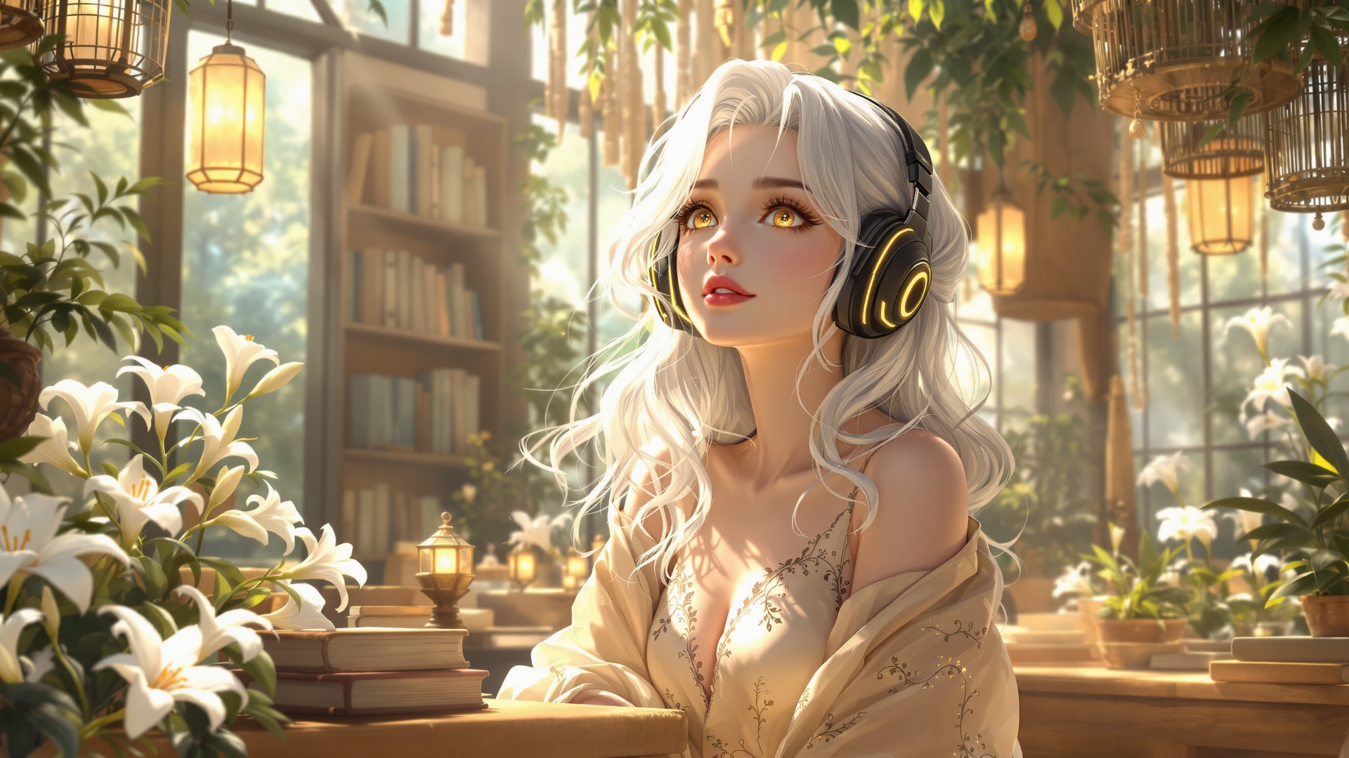 Fixed scene of a girl sitting quietly in one place listening to music, her face is happily enjoyi...