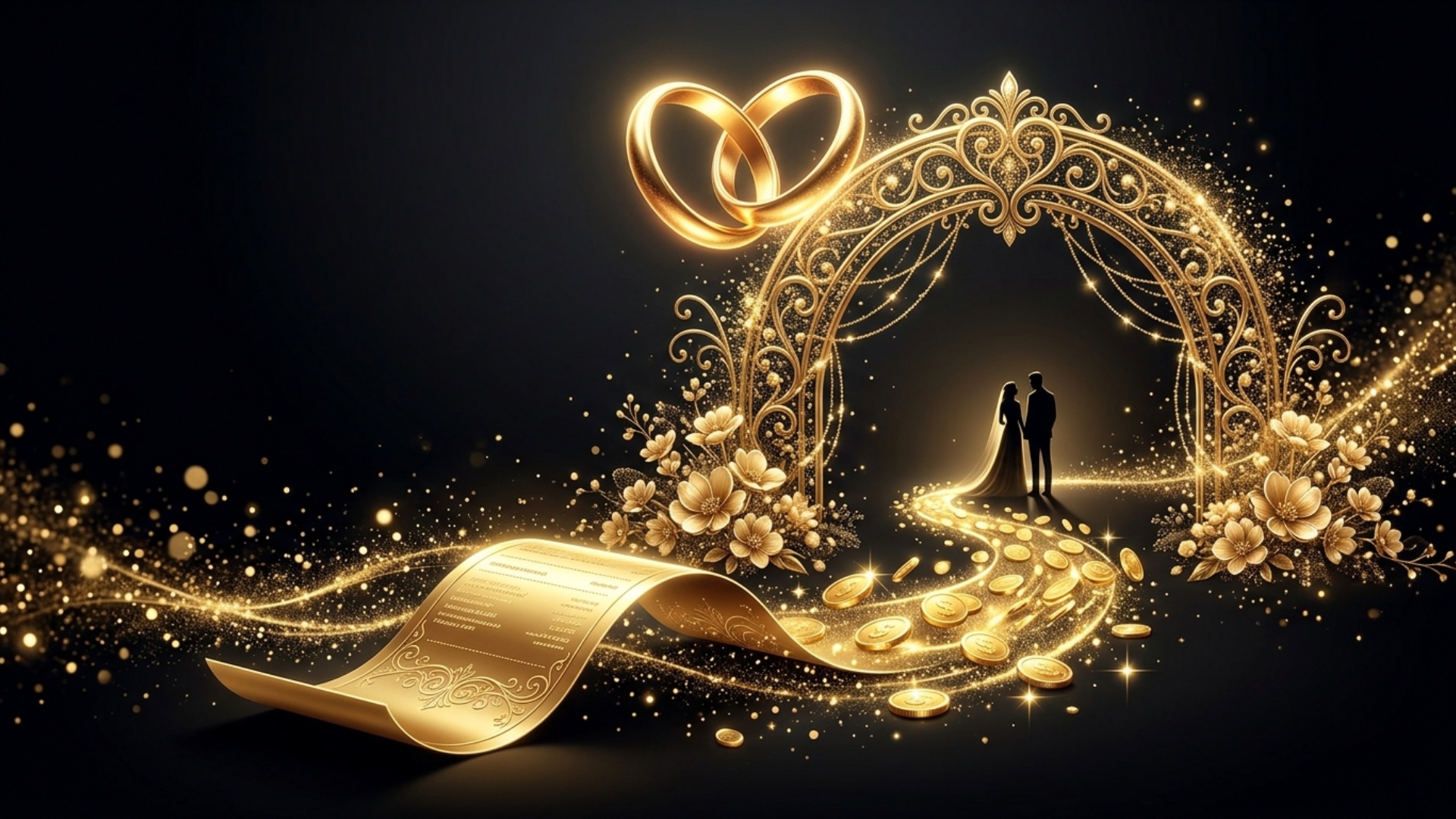 The image remains exactly the same. Slow cinematic push-in camera. The golden wedding rings slowl...
