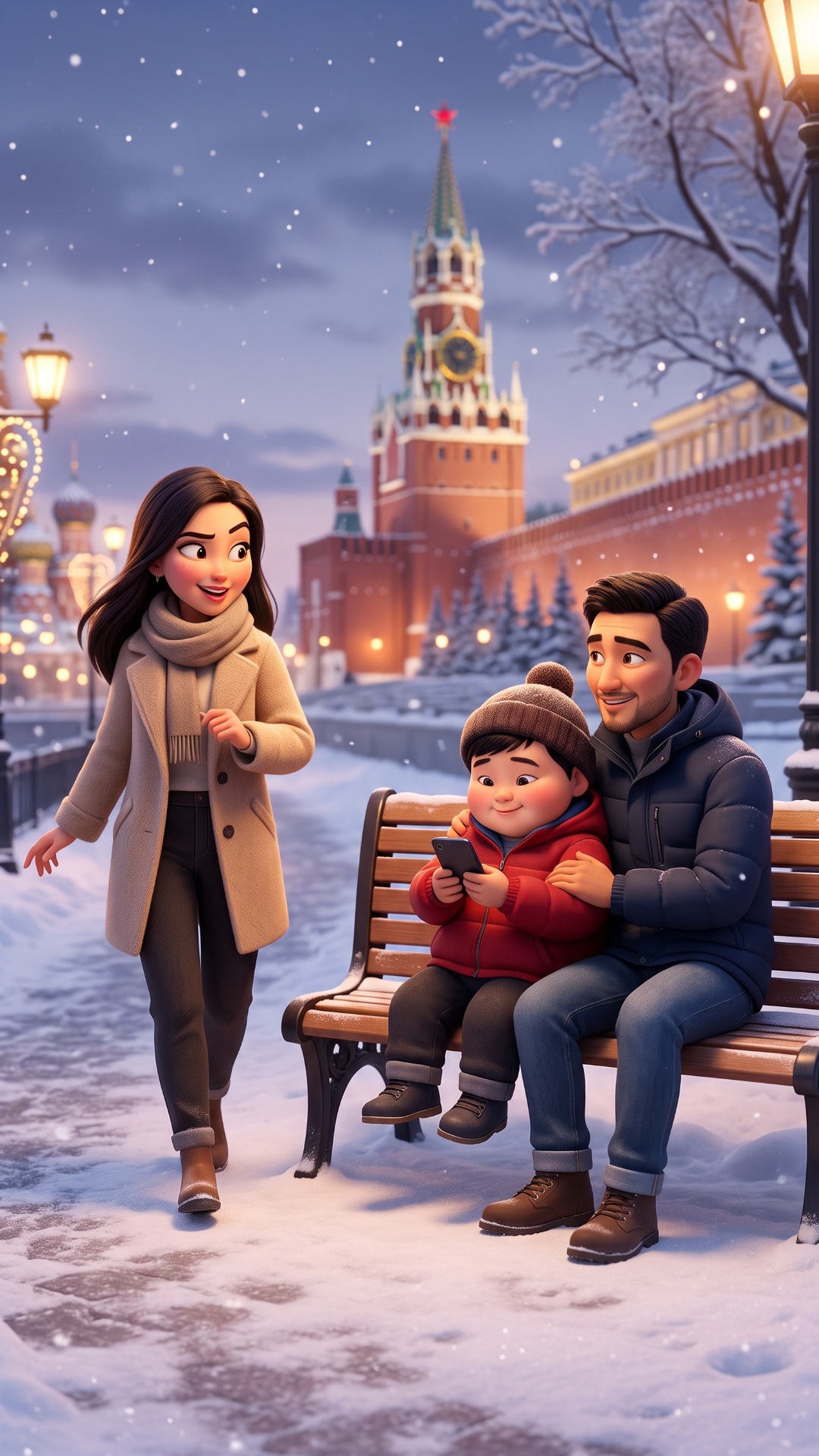 Animate this image. Pixar-style 3D, vertical 9:16. The chubby Kyrgyz boy in the red hooded jacket...