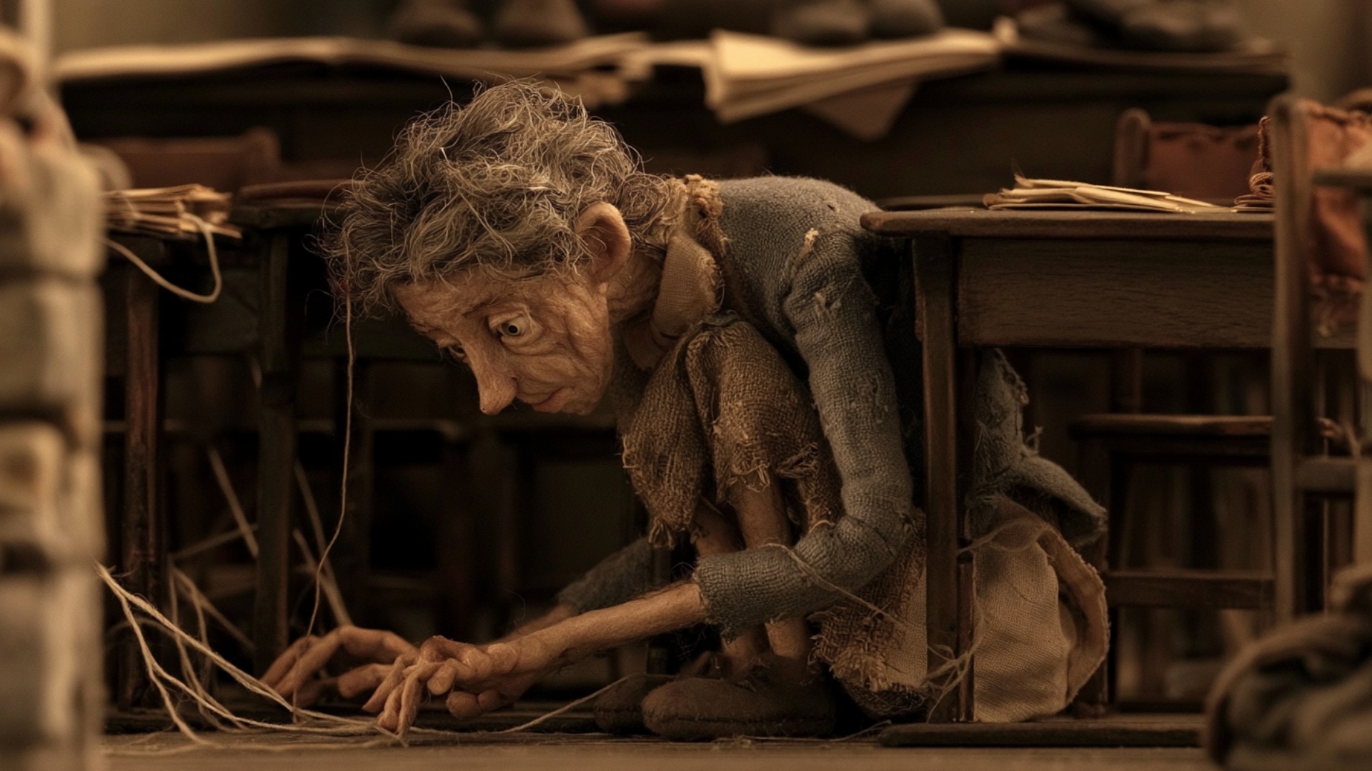 Start exactly from the provided image. The child remains crouched under the desks, reaching towar...