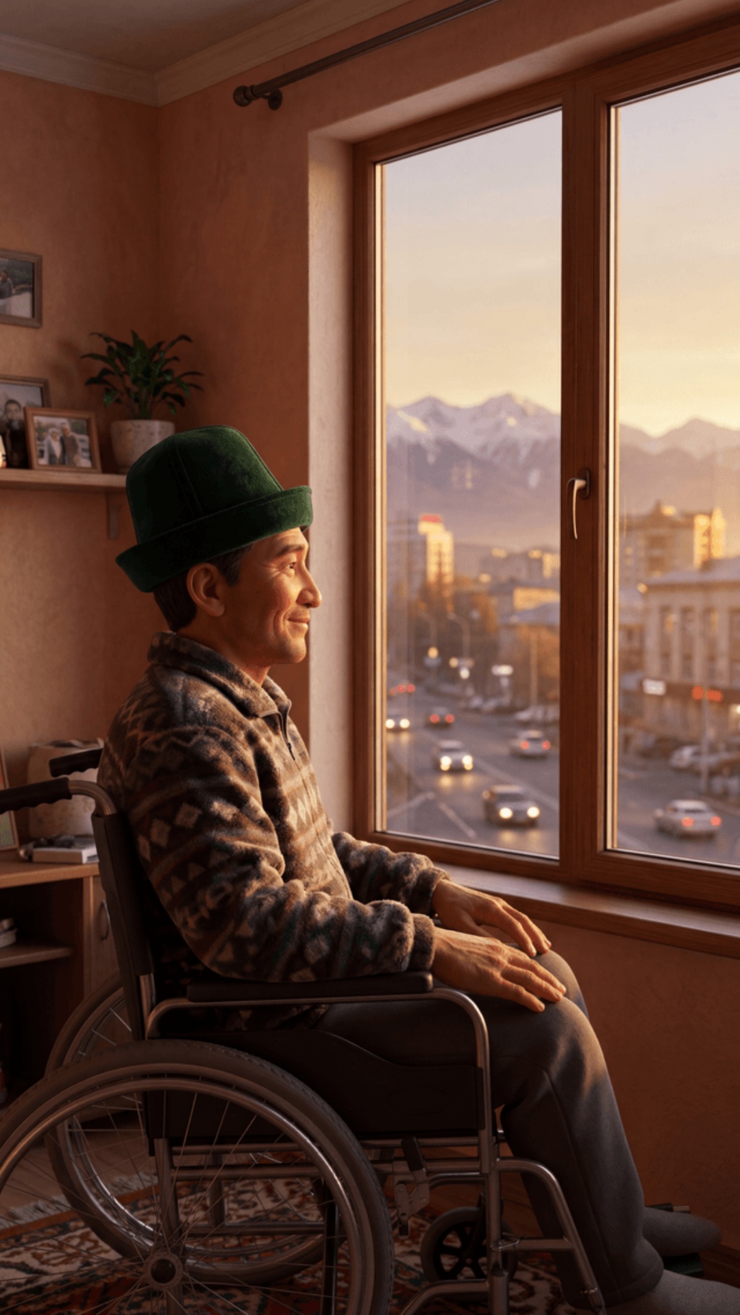 SCENE 5 — Final gratitude (22–30s)

Cinematic 3D Pixar-style, vertical 9:16, warm sunset, Kyrgyz ...