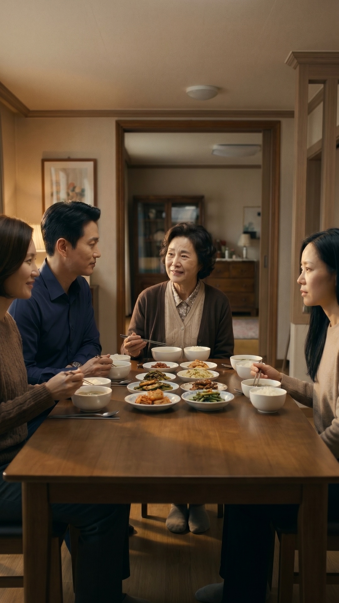 A medium shot of a Korean family at a dinner table. [MOTHER_01] and her adult children are talkin...