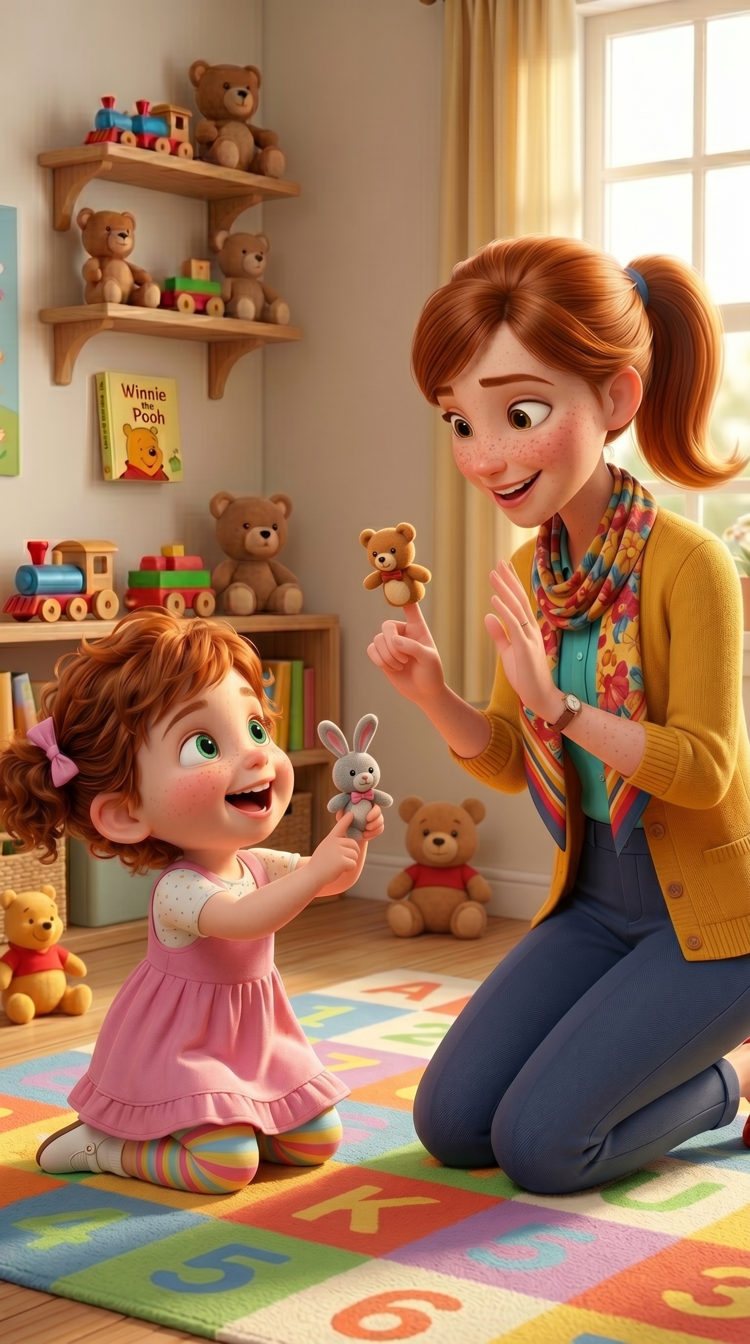 3D animation, Pixar style. A playful and warm sequence in a cozy nursery. Start state: Miss Emily...