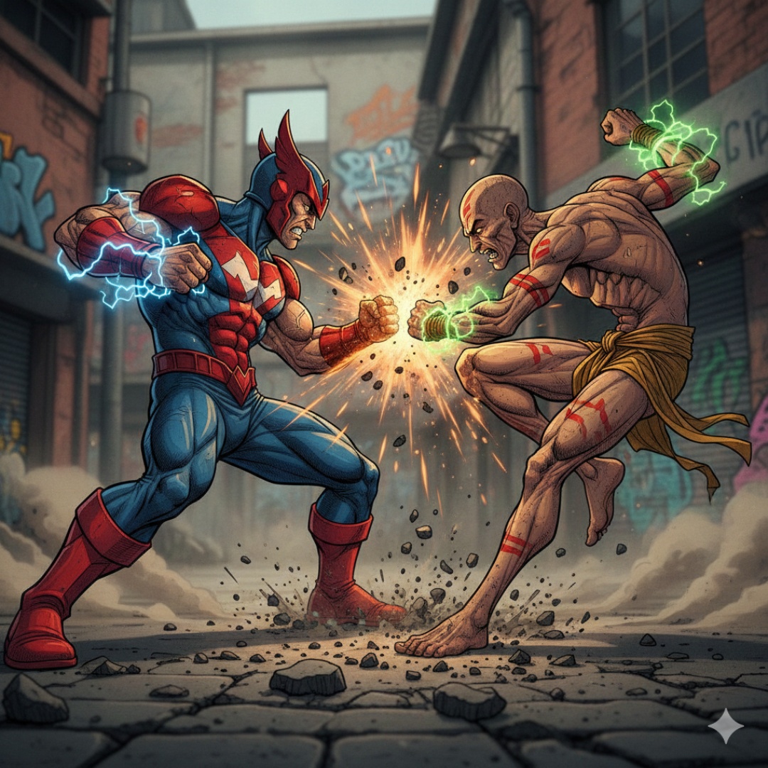 Two street fighters ( gUNDALA VS DALSIM )collide instantly, mid-strike, fists smashing at close r...