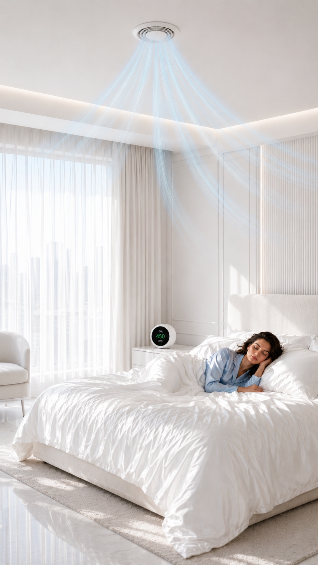 Extreme cinematic slow zoom-in directly towards the smart air quality sensor on the nightstand un...