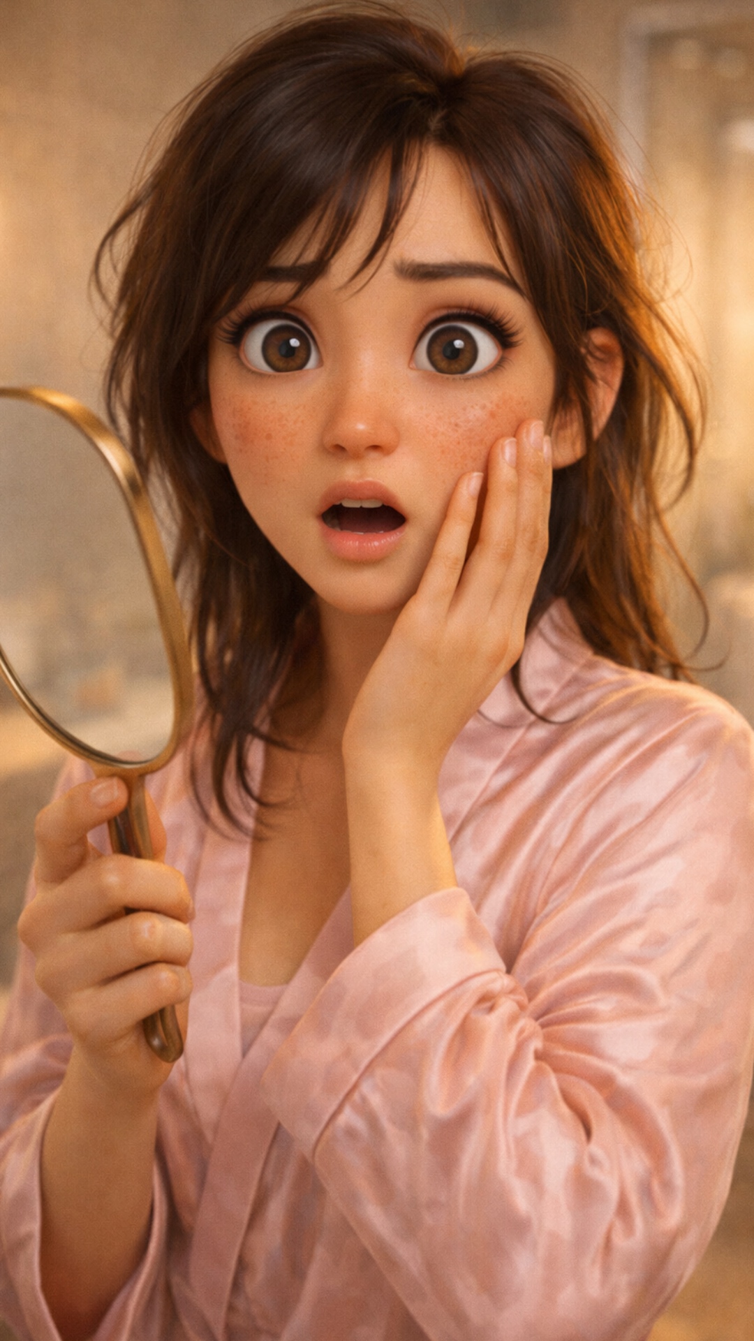 3D Pixar style. Young Kazakh woman in pink robe in bathroom. She holds a small mirror and touches...