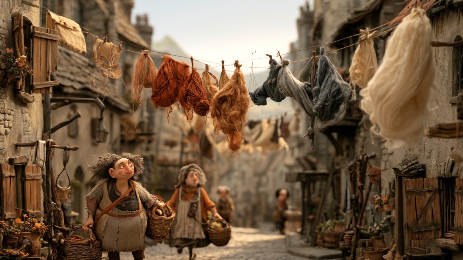 The dyed wool skeins sway in the village breeze, each bundle moving with its own natural weight. ...