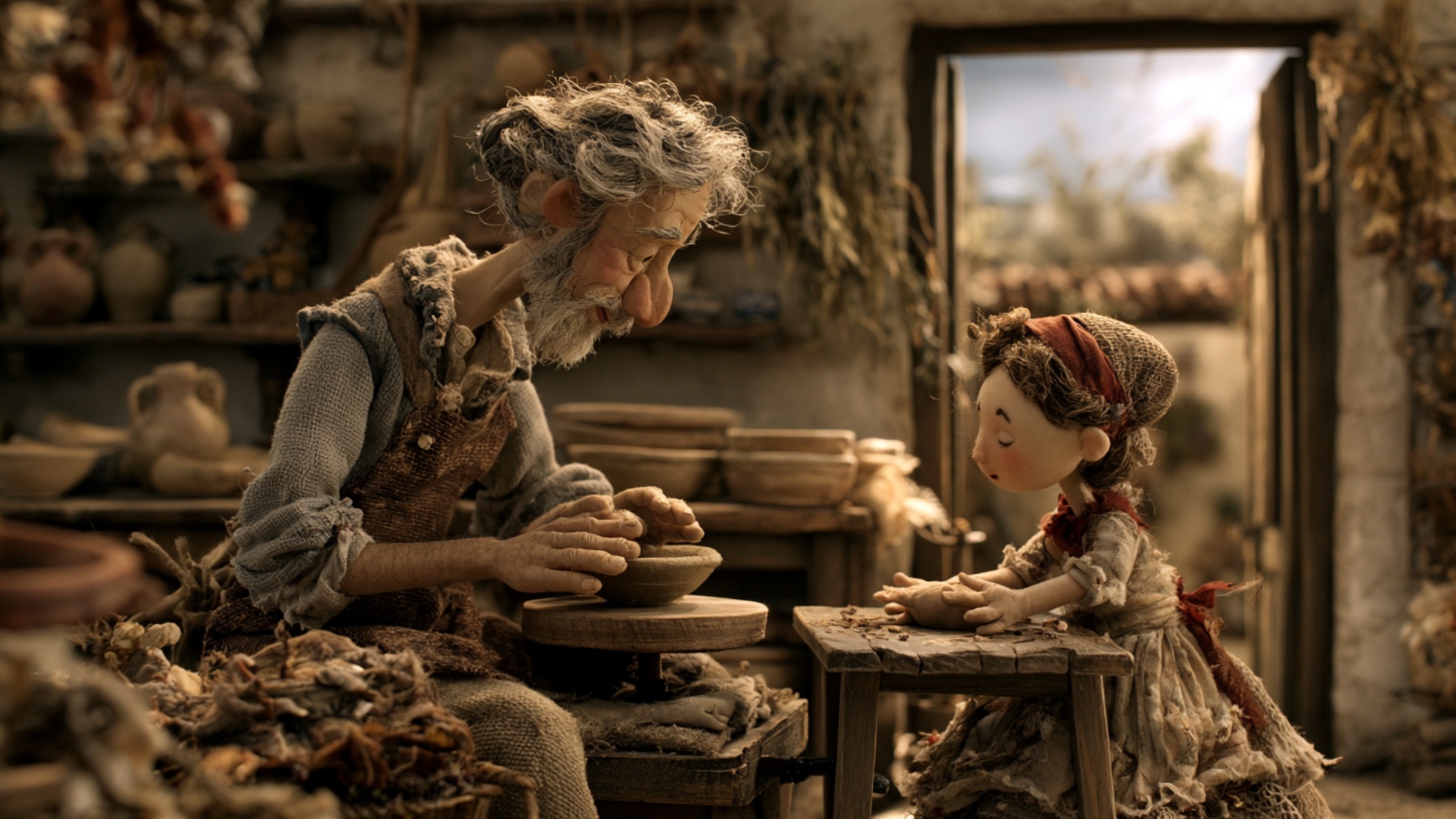 The pottery wheel turns continuously at a natural working speed. The elderly potter keeps both ha...
