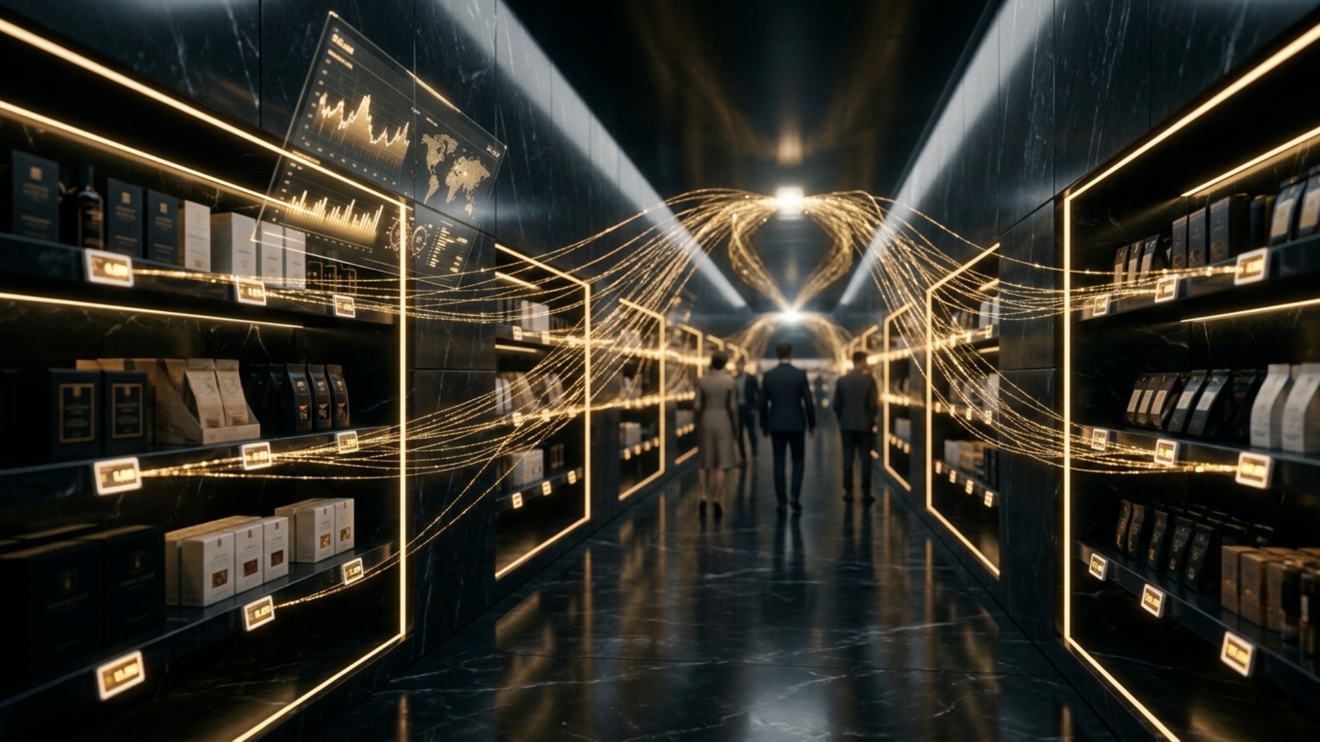 A luxurious supermarket aisle built from polished black marble stretches into infinity. Golden pr...