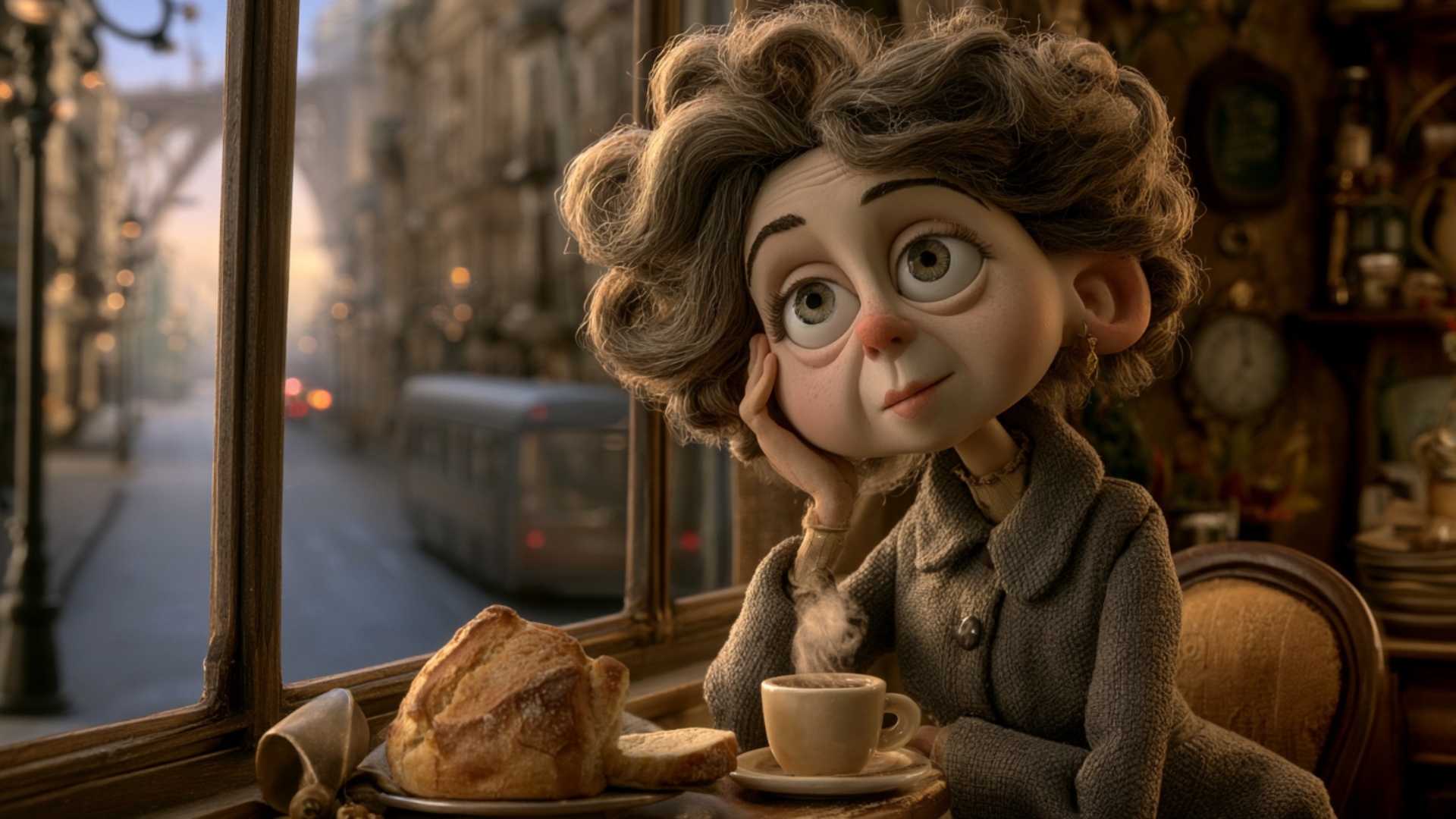 The woman rests quietly beside the café window, watching the city wake up. She slowly blinks and ...