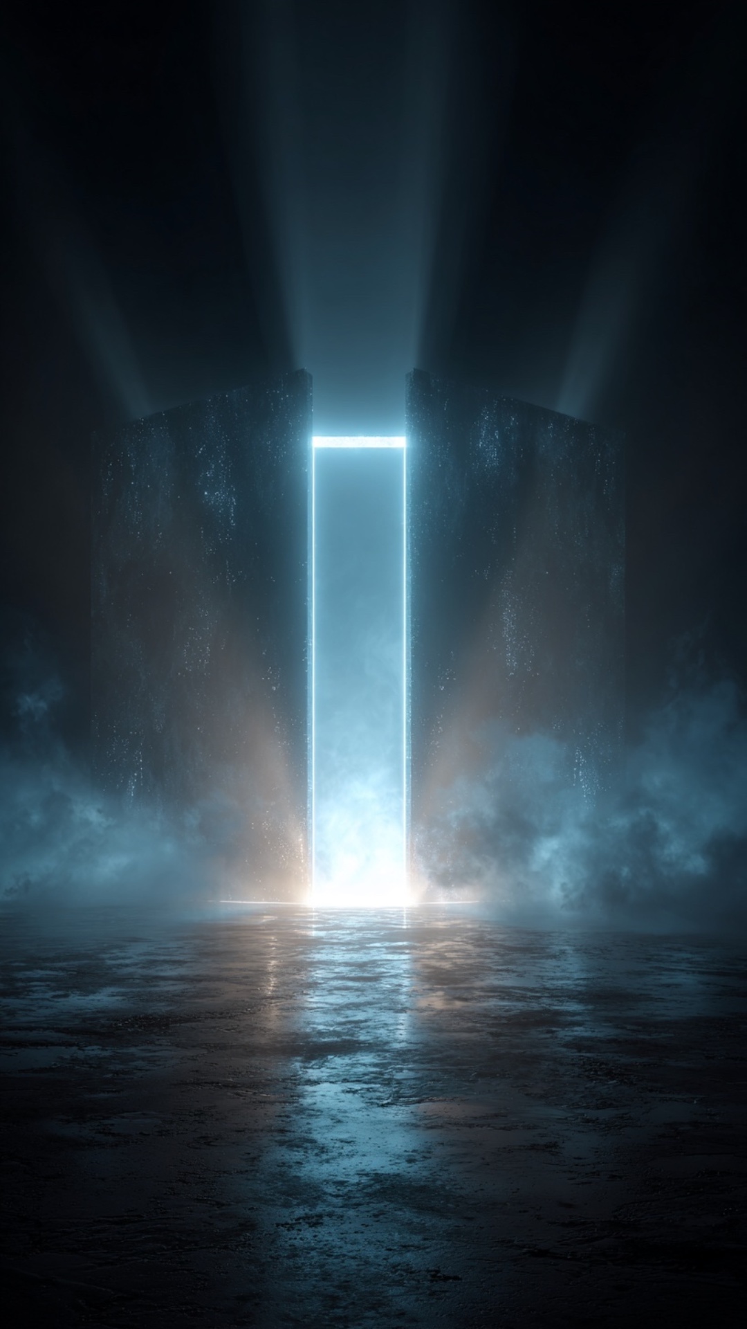 Massive futuristic door with glowing blue edges slowly opening, light bursting out from inside, c...