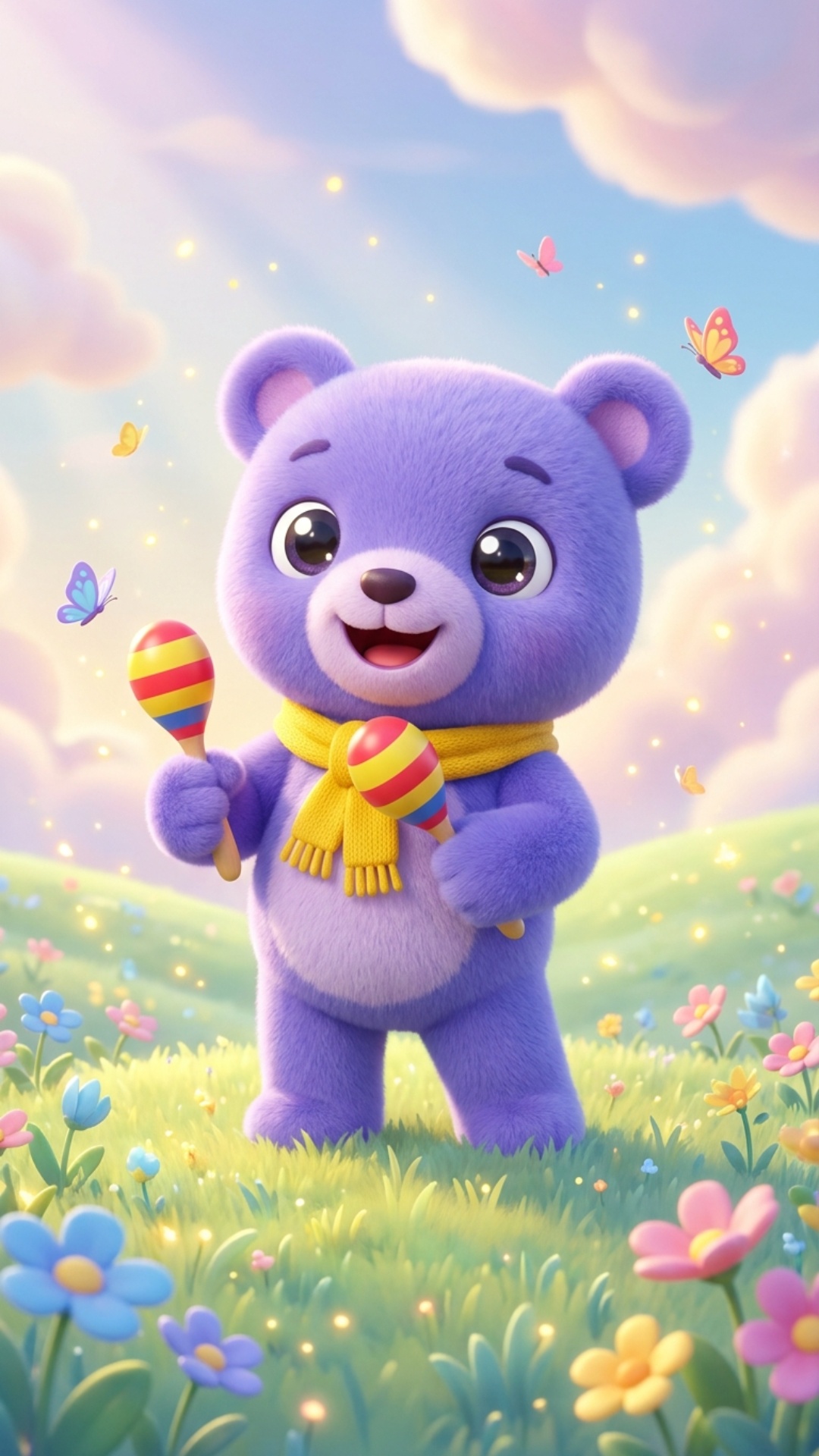 MuTi the purple teddy bear holds two colorful red-yellow maracas in his paws, shakes them rhythmi...