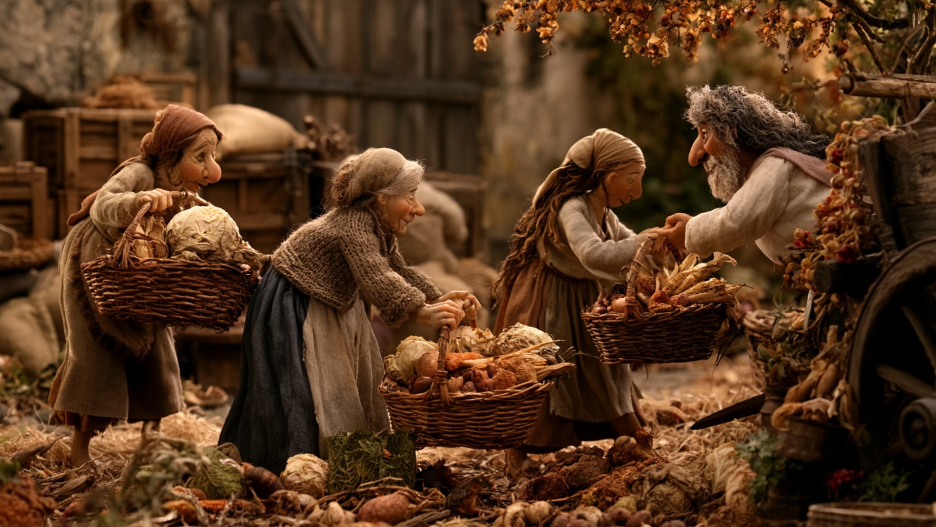 The workers complete one clear basket handoff during the full shot. The woman nearest the wagon l...