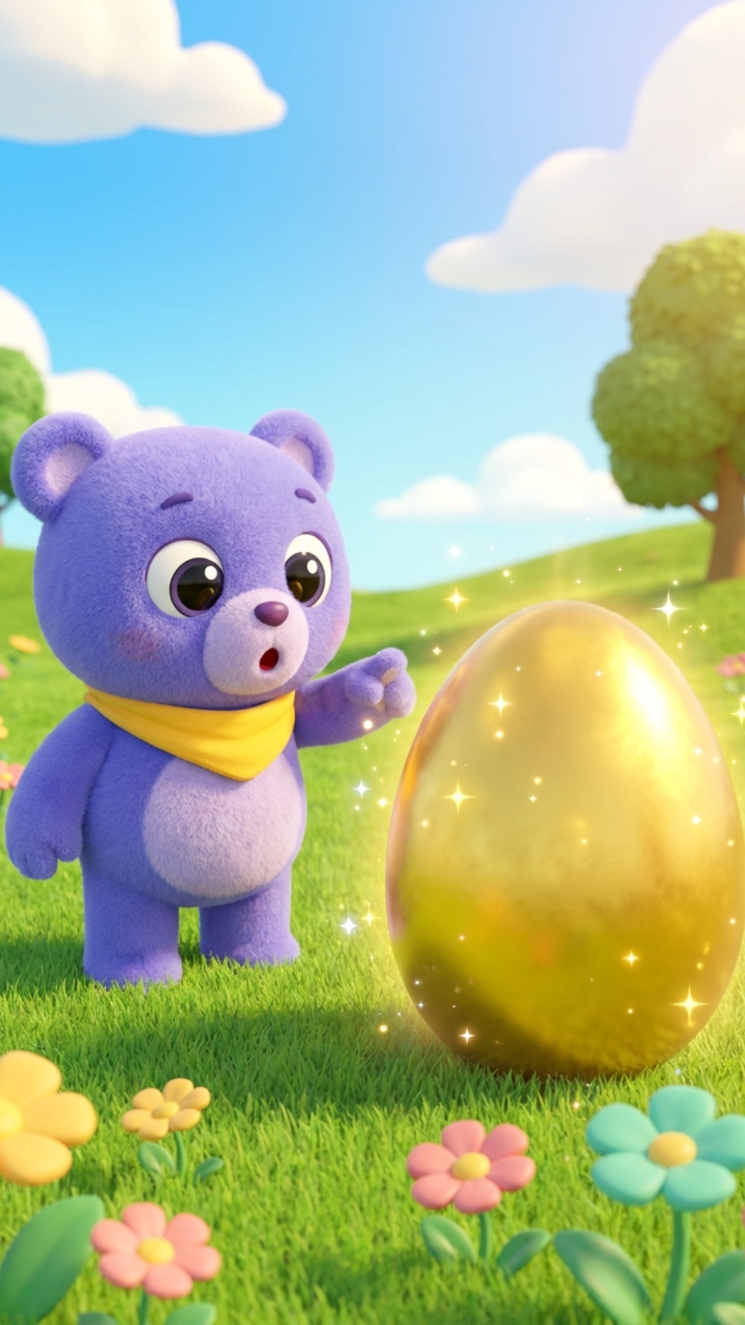 MuTi's eyes grow even bigger with wonder as he stares at the golden egg. The egg pulses with gent...
