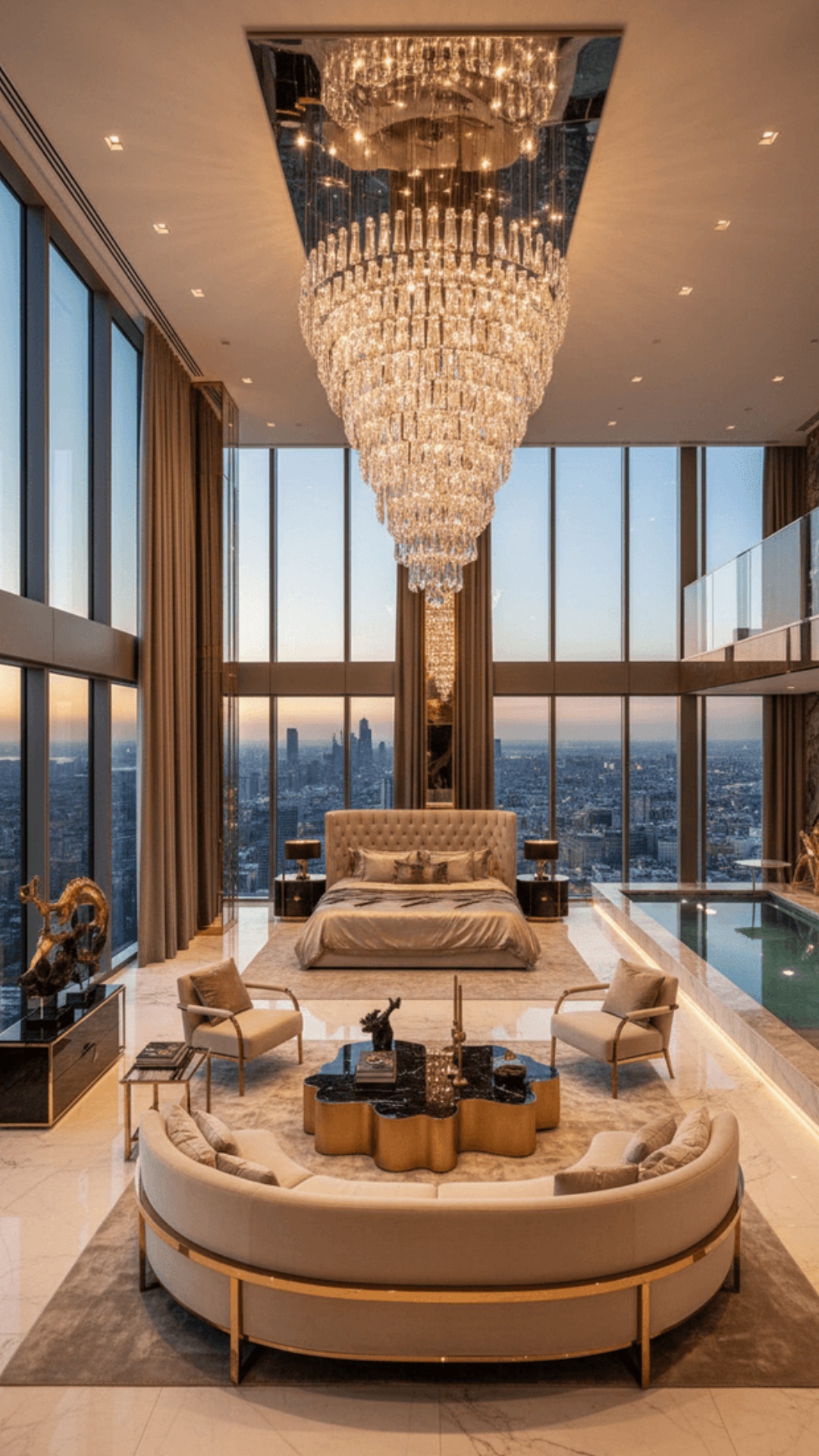 cinematic animation of a luxury penthouse interior, smooth slow forward camera movement with stro...