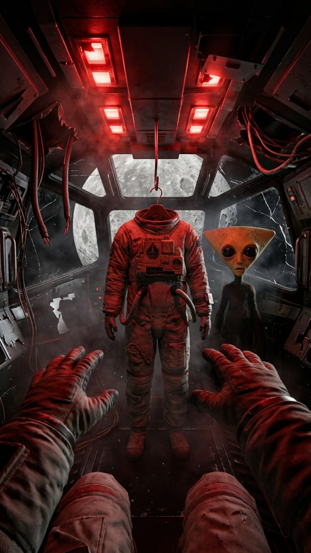 POV dentro de un cohete espacial oscuro viajando hacia la luna. La cámara observa un único traje ...