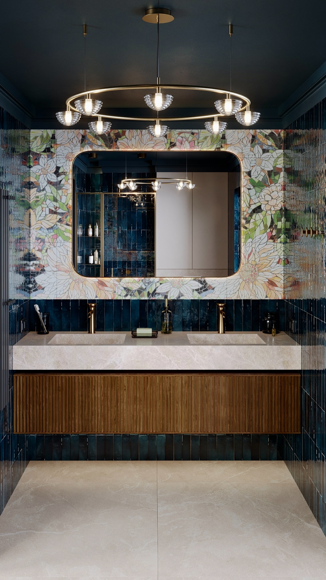 Calm cinematic camera movement in a luxurious bathroom with deep blue glossy tiles and a large fl...