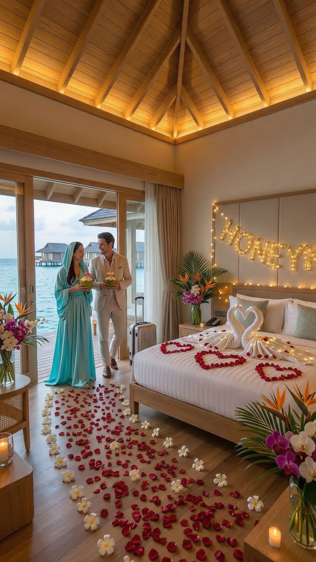 couple strolls in their luxury villa, then goes to balcony to admire the ocean