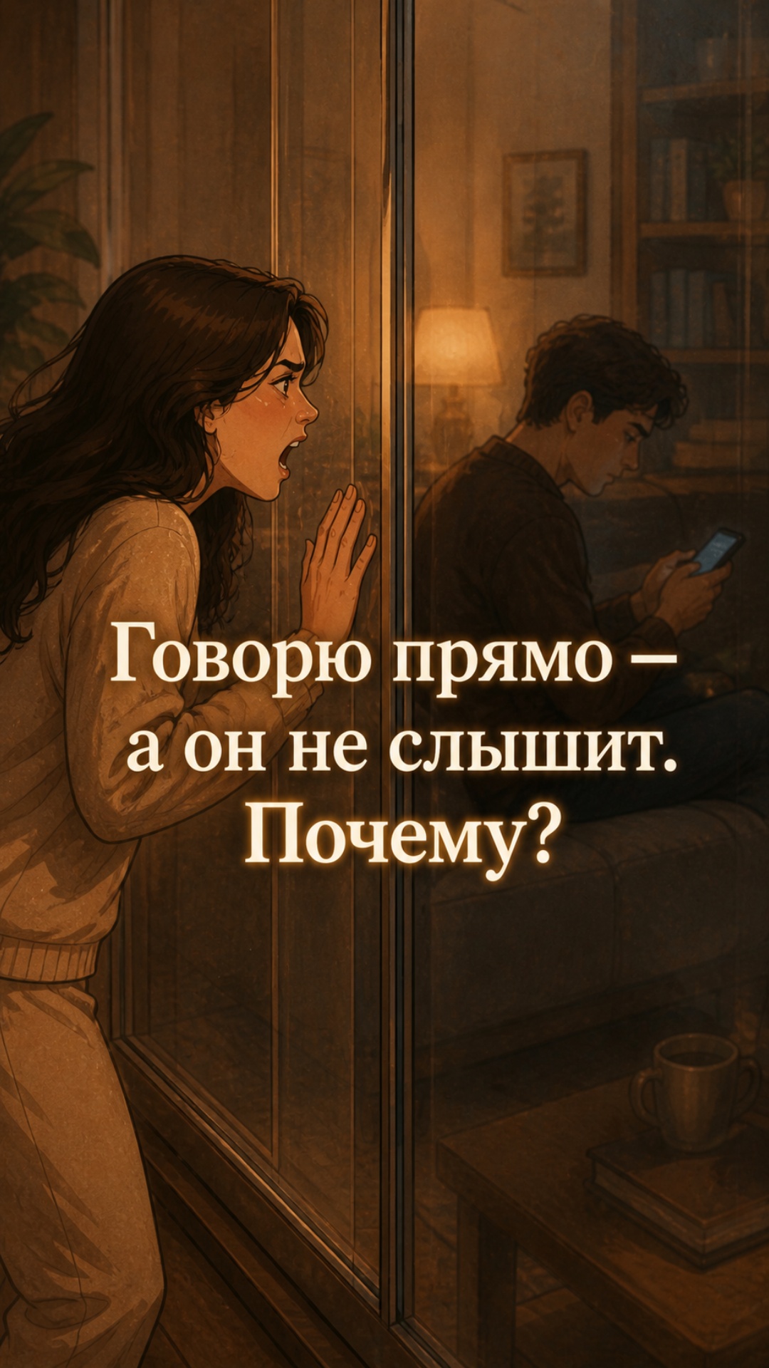 Subject: Девушка и парень у стекла  
Context: Интерьер, разделённый стеклянной перегородкой  
Act...