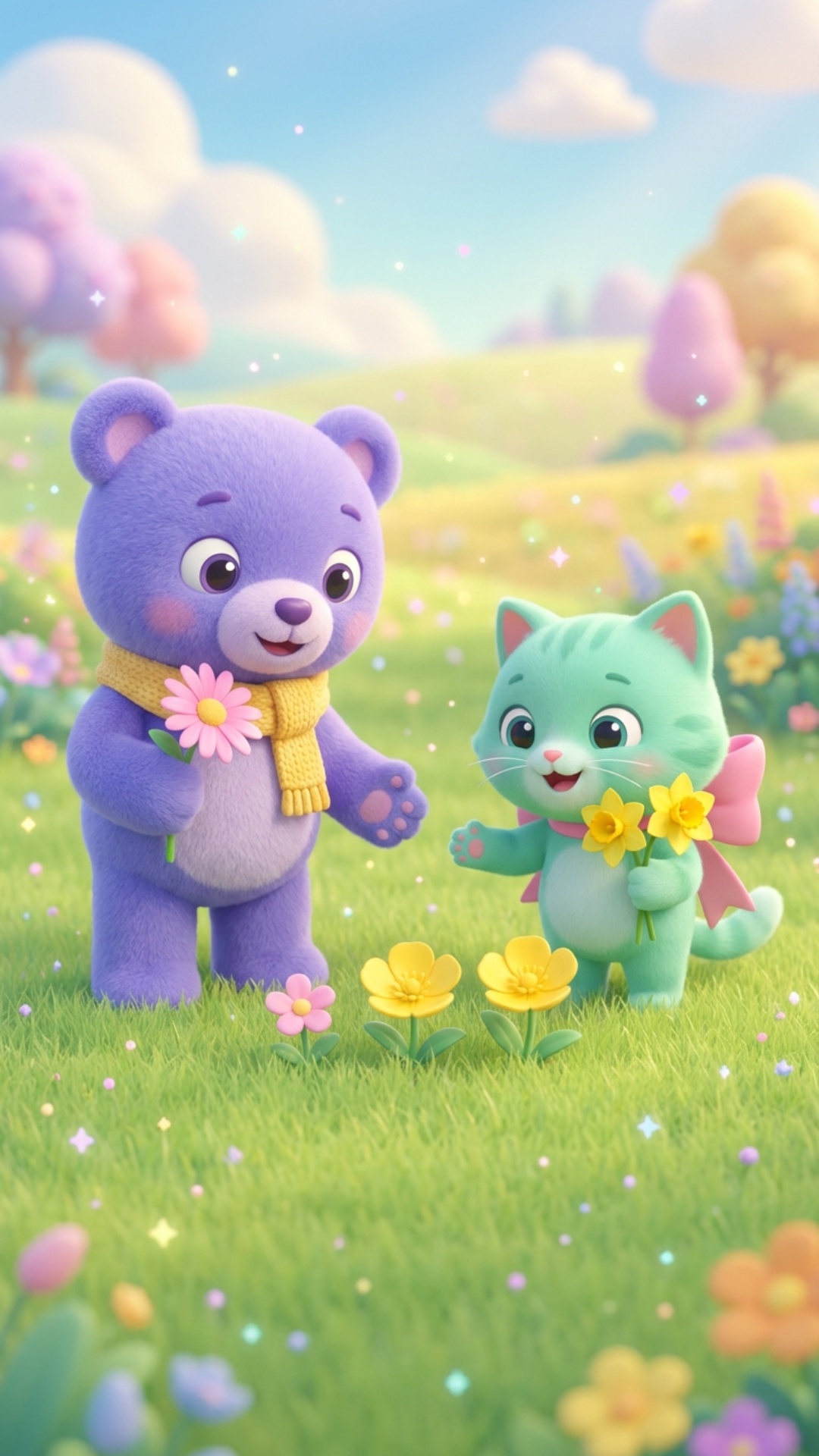 Mimi the mint kitten with pink ribbon bow gently arranges two yellow flowers next to MuTi's pink ...