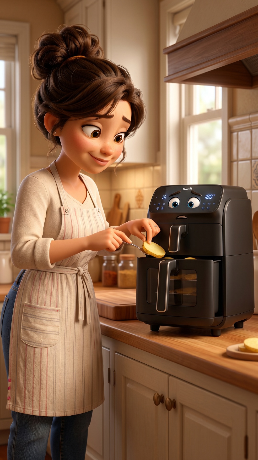 Mother tries to close the upper basket of the air fryer. One potato slice blocks the drawer. The ...